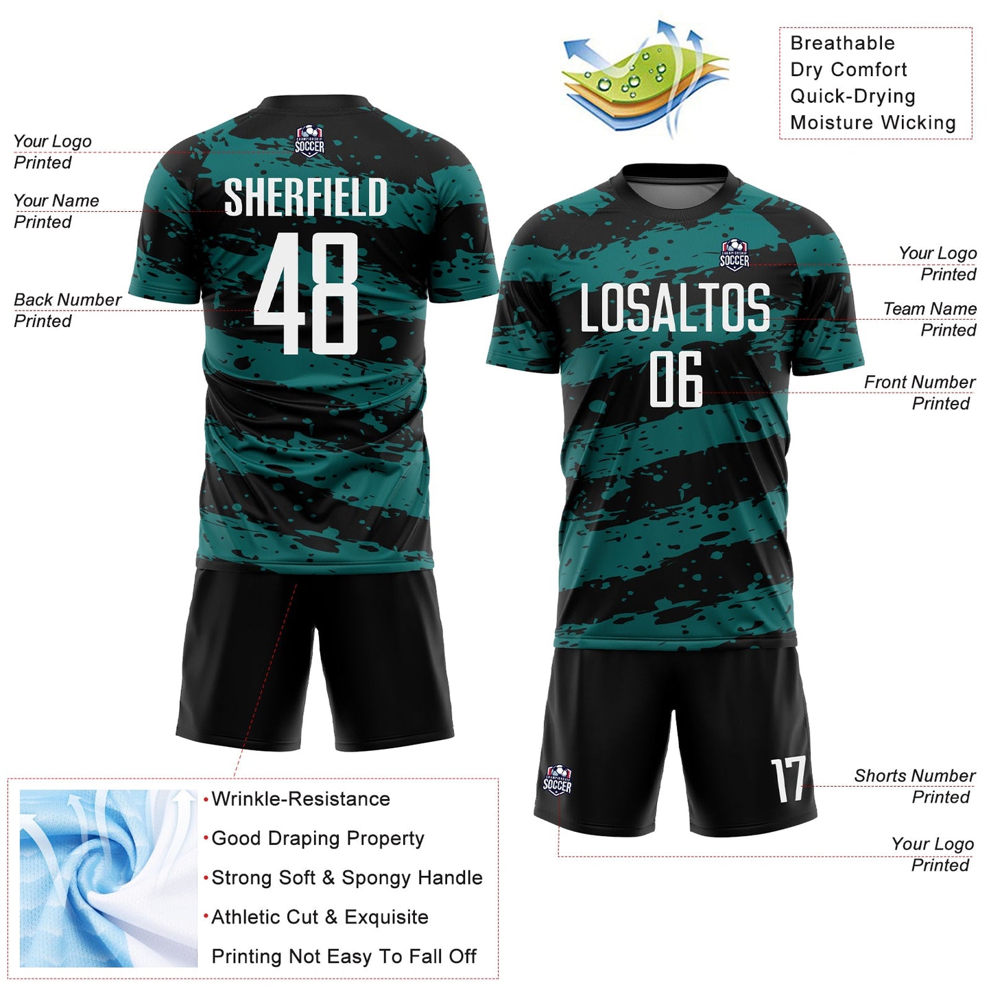 Custom Black White-Teal Splash Sublimation Soccer Uniform Jersey Limited