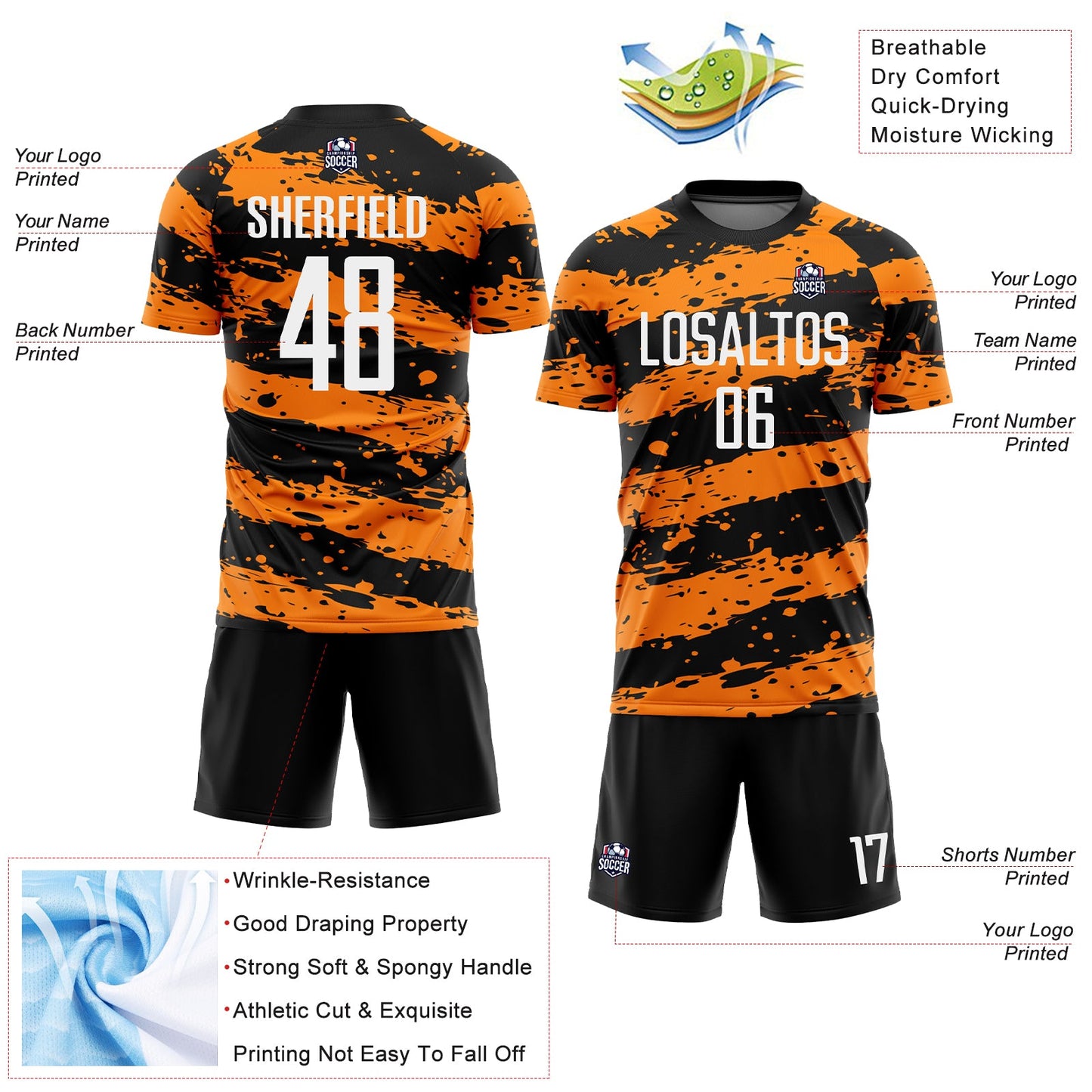 Custom Black White-Bay Orange Splash Sublimation Soccer Uniform Jersey Limited
