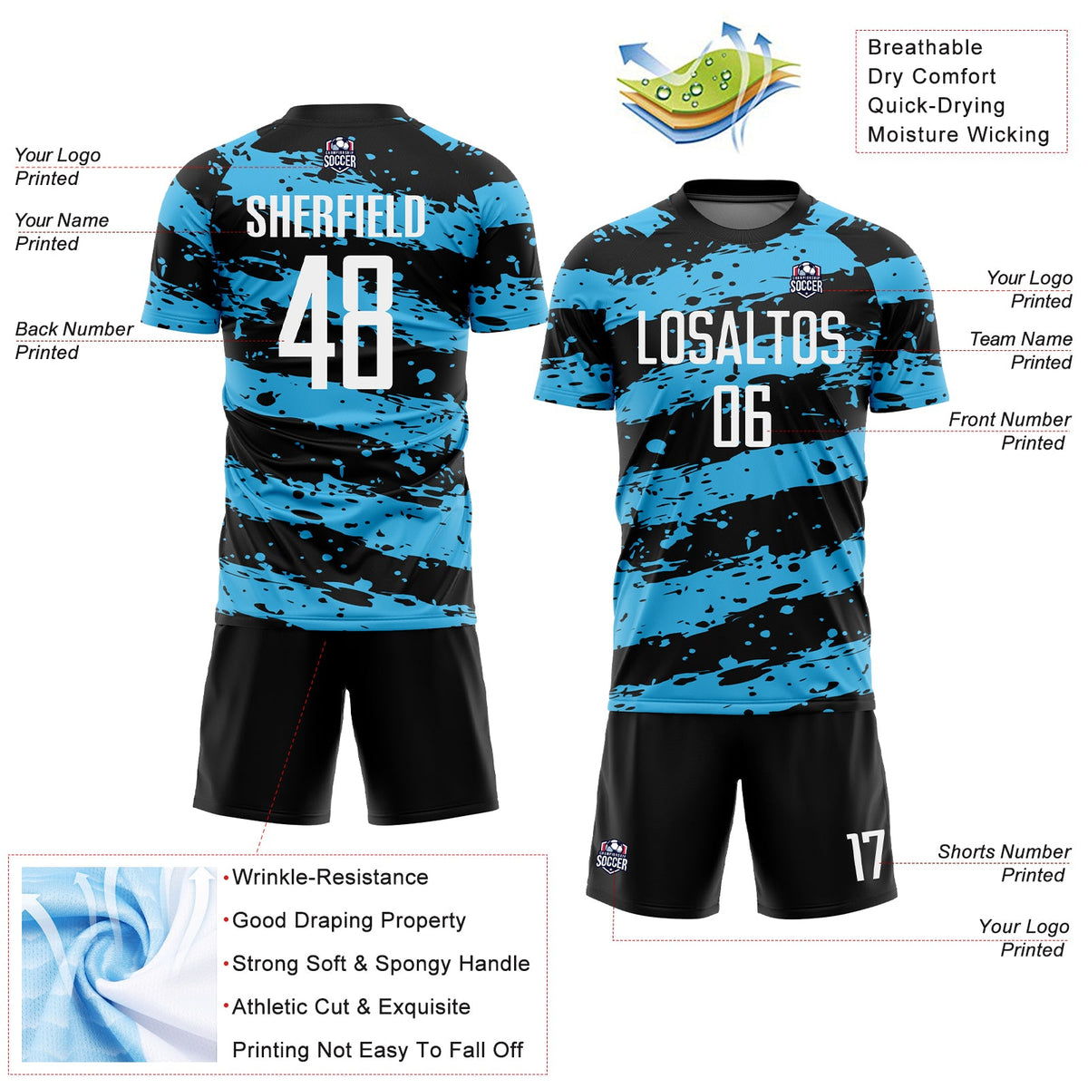 Custom Black White-Sky Blue Splash Sublimation Soccer Uniform Jersey Limited