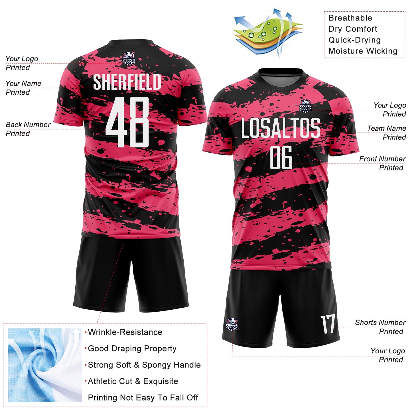 Custom Black White-Neon Pink Splash Sublimation Soccer Uniform Jersey Limited