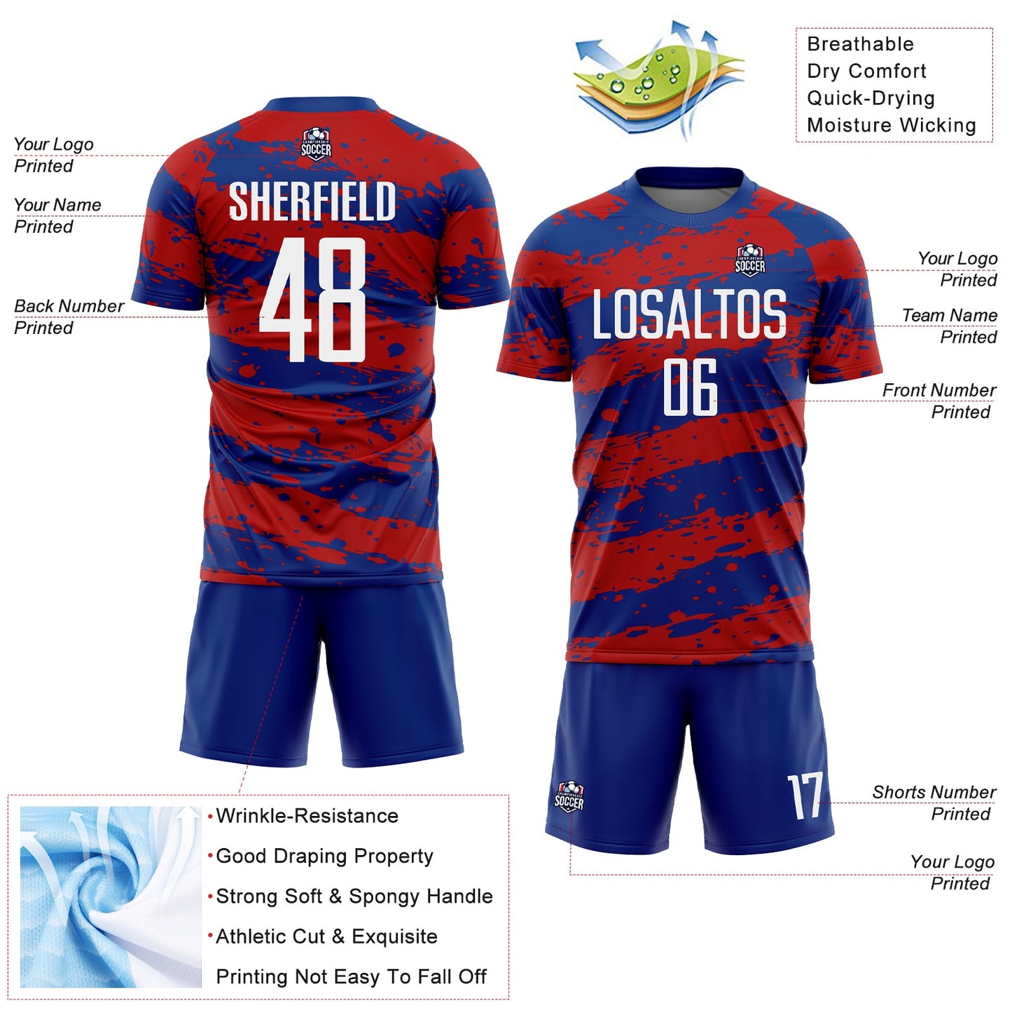 Custom Royal White-Red Splash Sublimation Soccer Uniform Jersey Limited