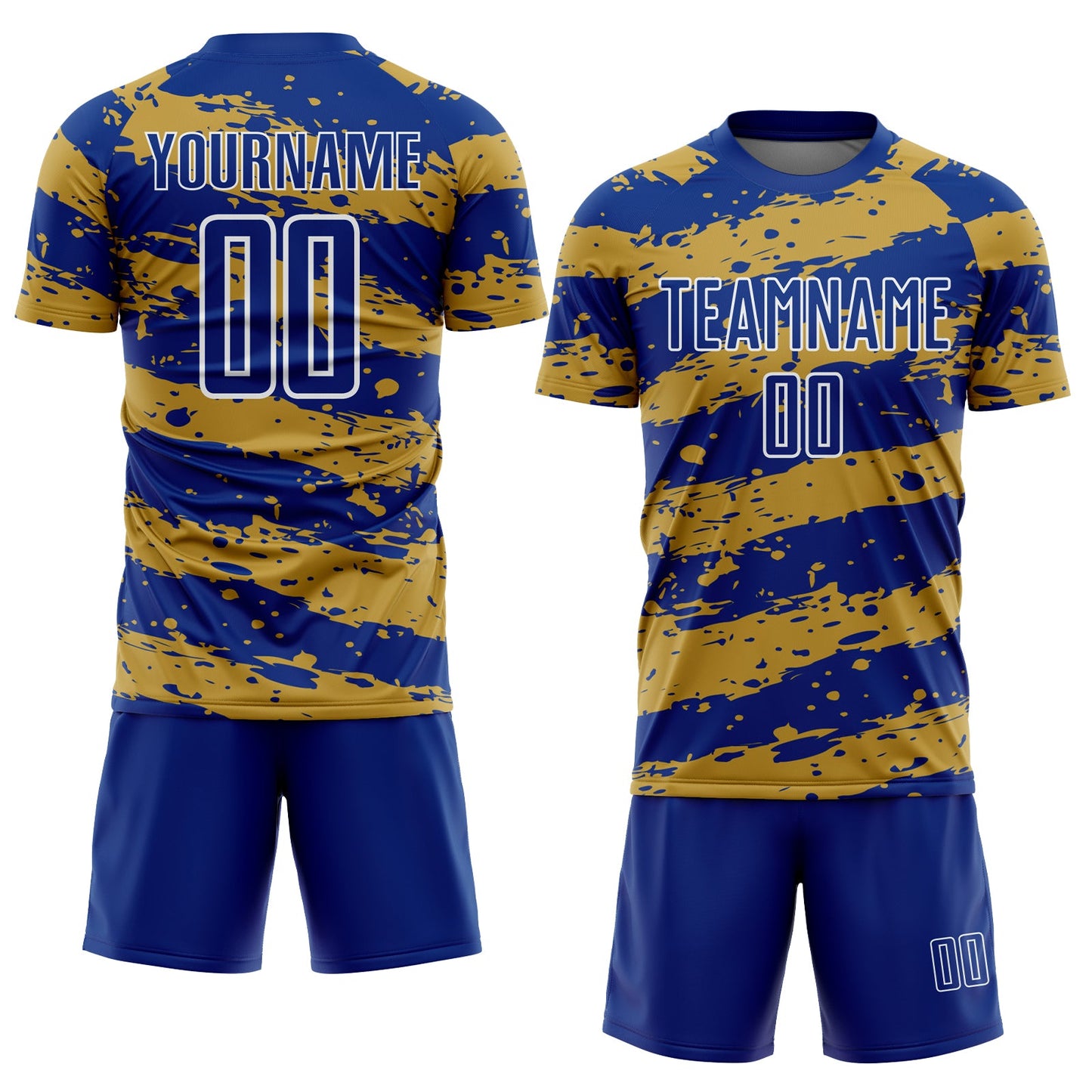 Custom Royal Old Gold-White Splash Sublimation Soccer Uniform Jersey Limited