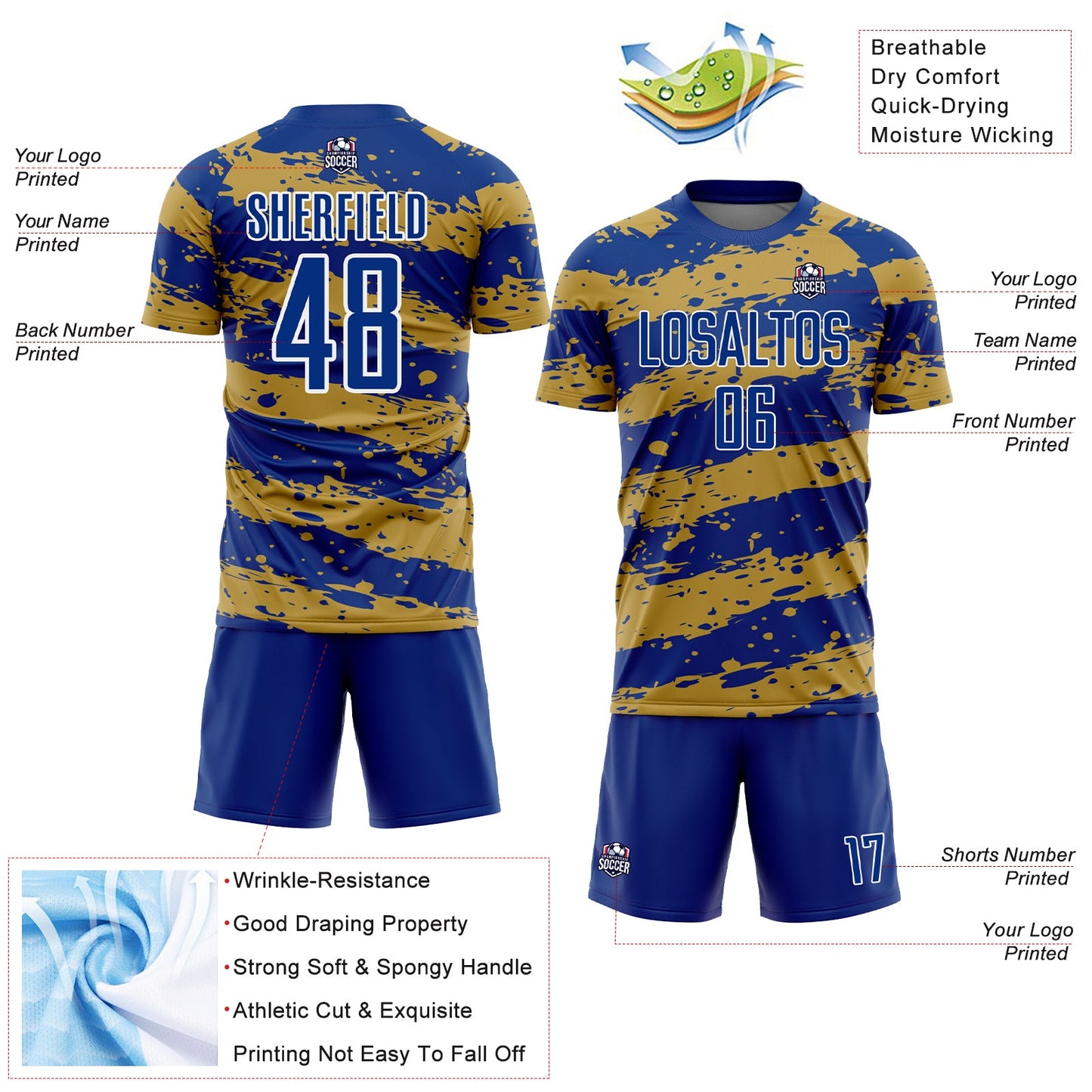Custom Royal Old Gold-White Splash Sublimation Soccer Uniform Jersey Limited