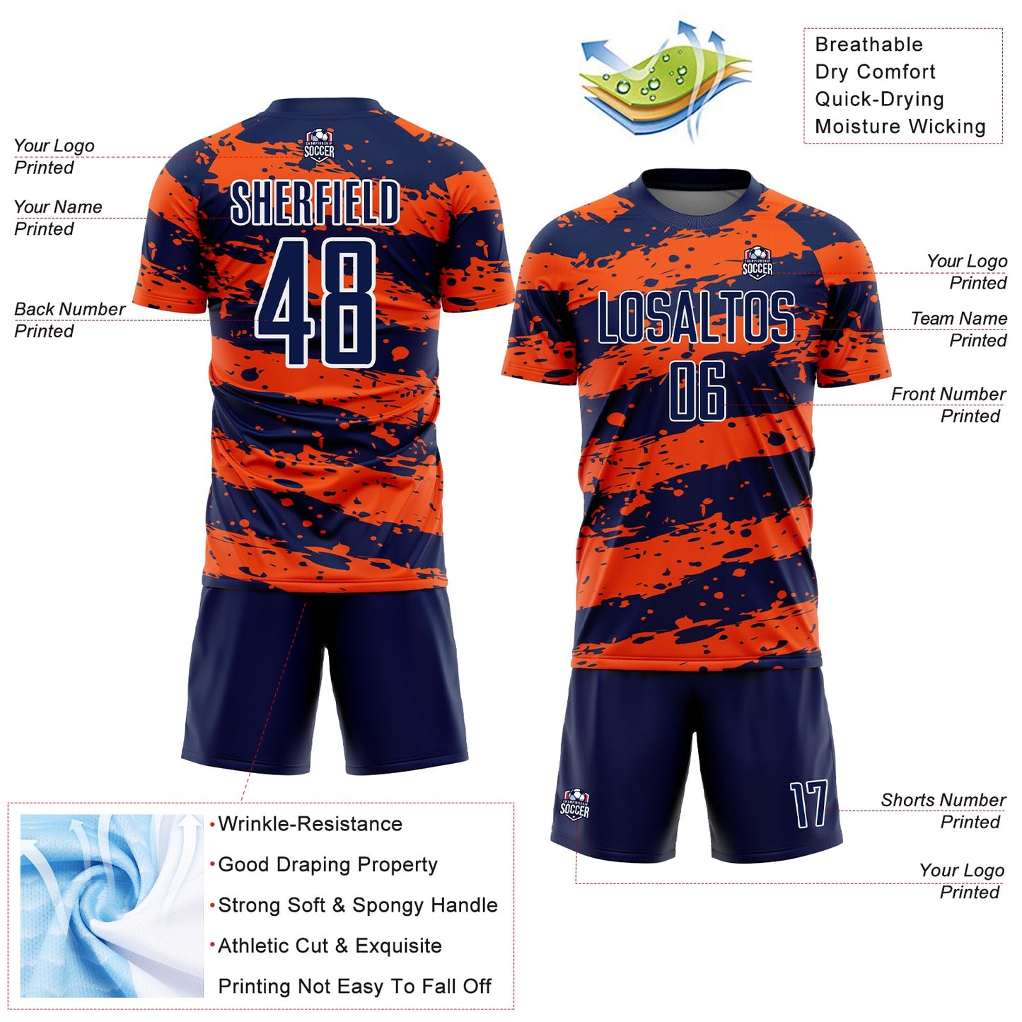 Custom Navy Orange-White Splash Sublimation Soccer Uniform Jersey Limited