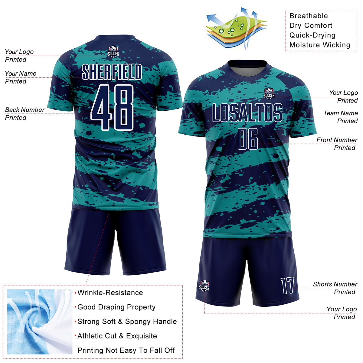 Custom Navy Teal-White Splash Sublimation Soccer Uniform Jersey Limited
