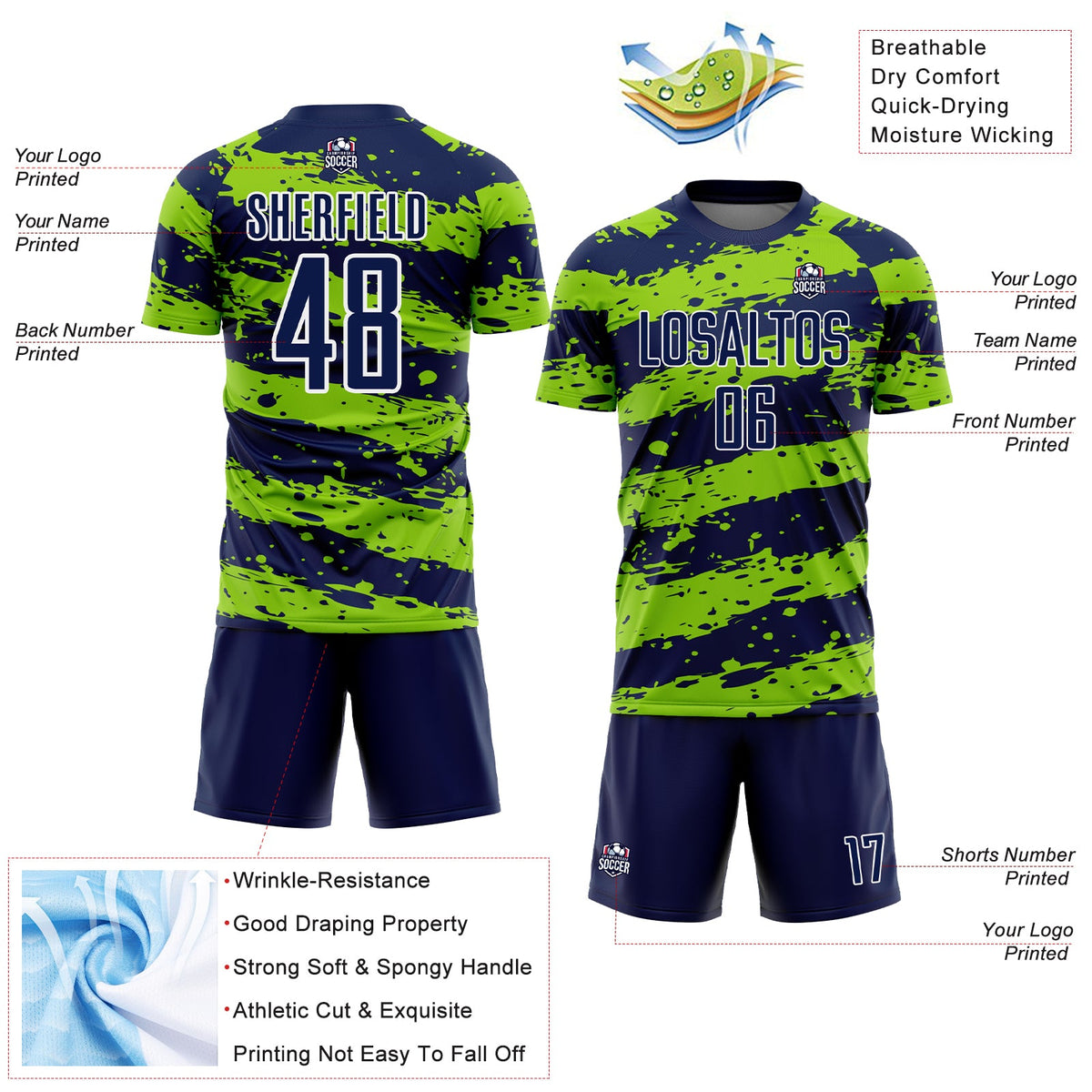 Custom Navy Neon Green-White Splash Sublimation Soccer Uniform Jersey Limited