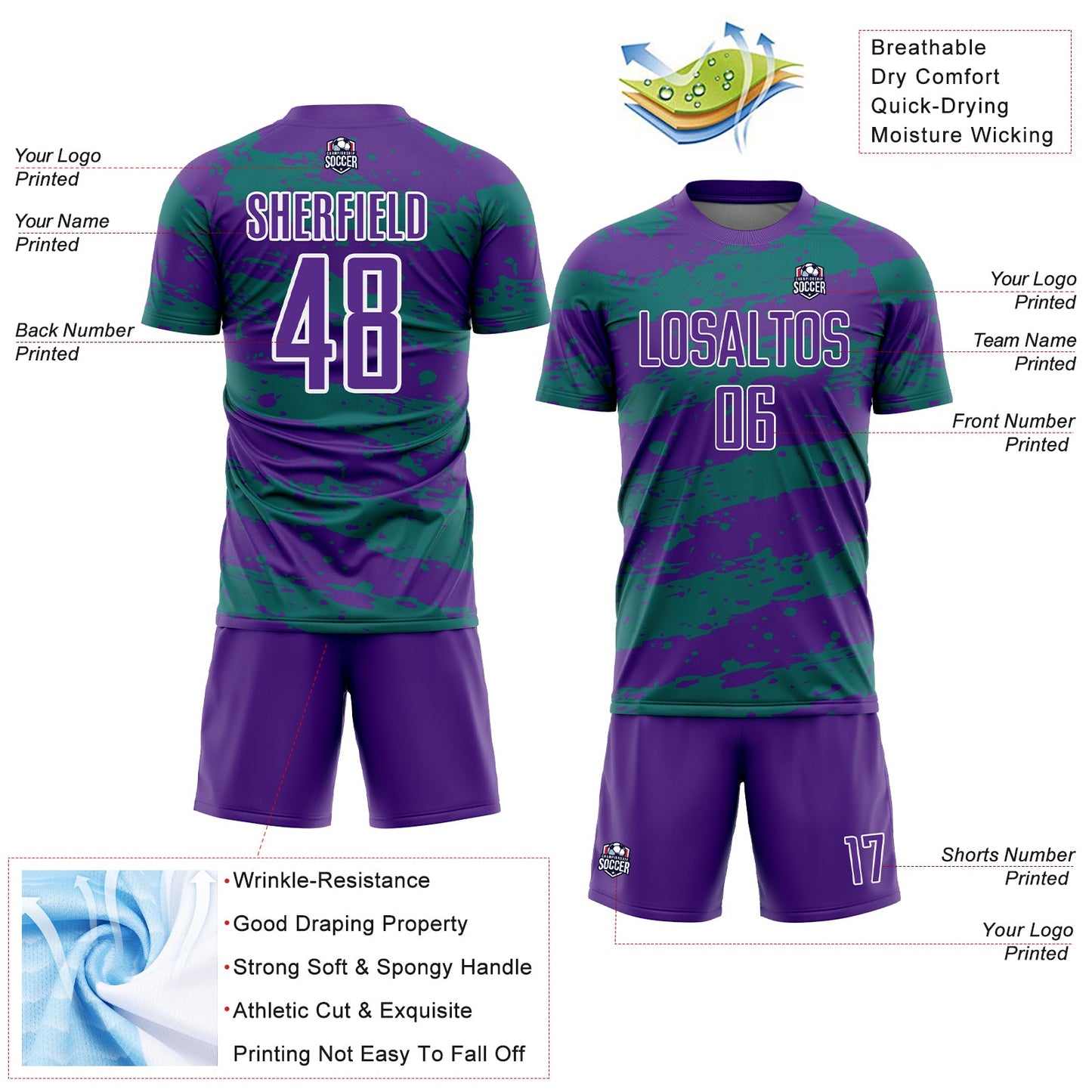 Custom Purple Teal-White Splash Sublimation Soccer Uniform Jersey Limited