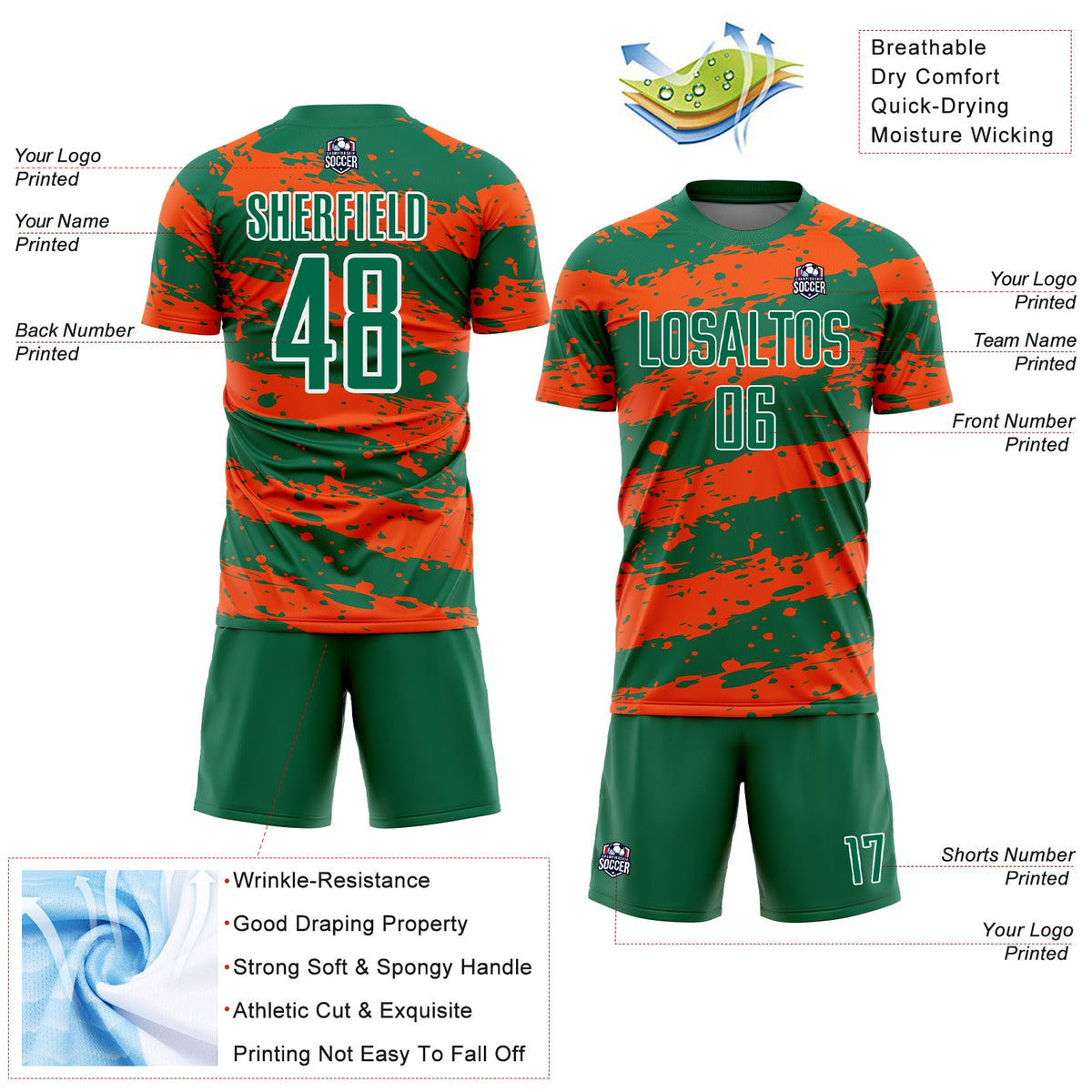 Custom Kelly Green Orange-White Splash Sublimation Soccer Uniform Jersey Limited