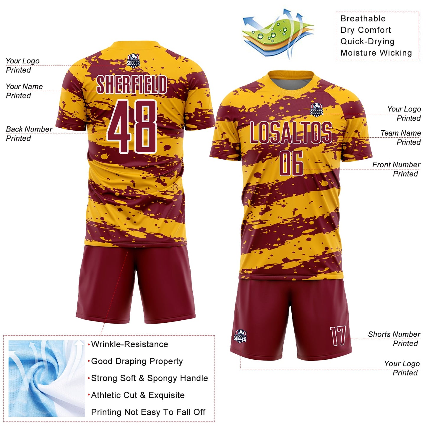 Custom Gold Crimson-White Splash Sublimation Soccer Uniform Jersey Limited