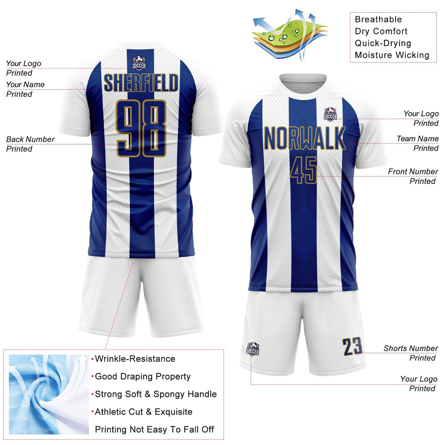 Custom White Royal-Old Gold Line Sublimation Soccer Uniform Jersey Limited