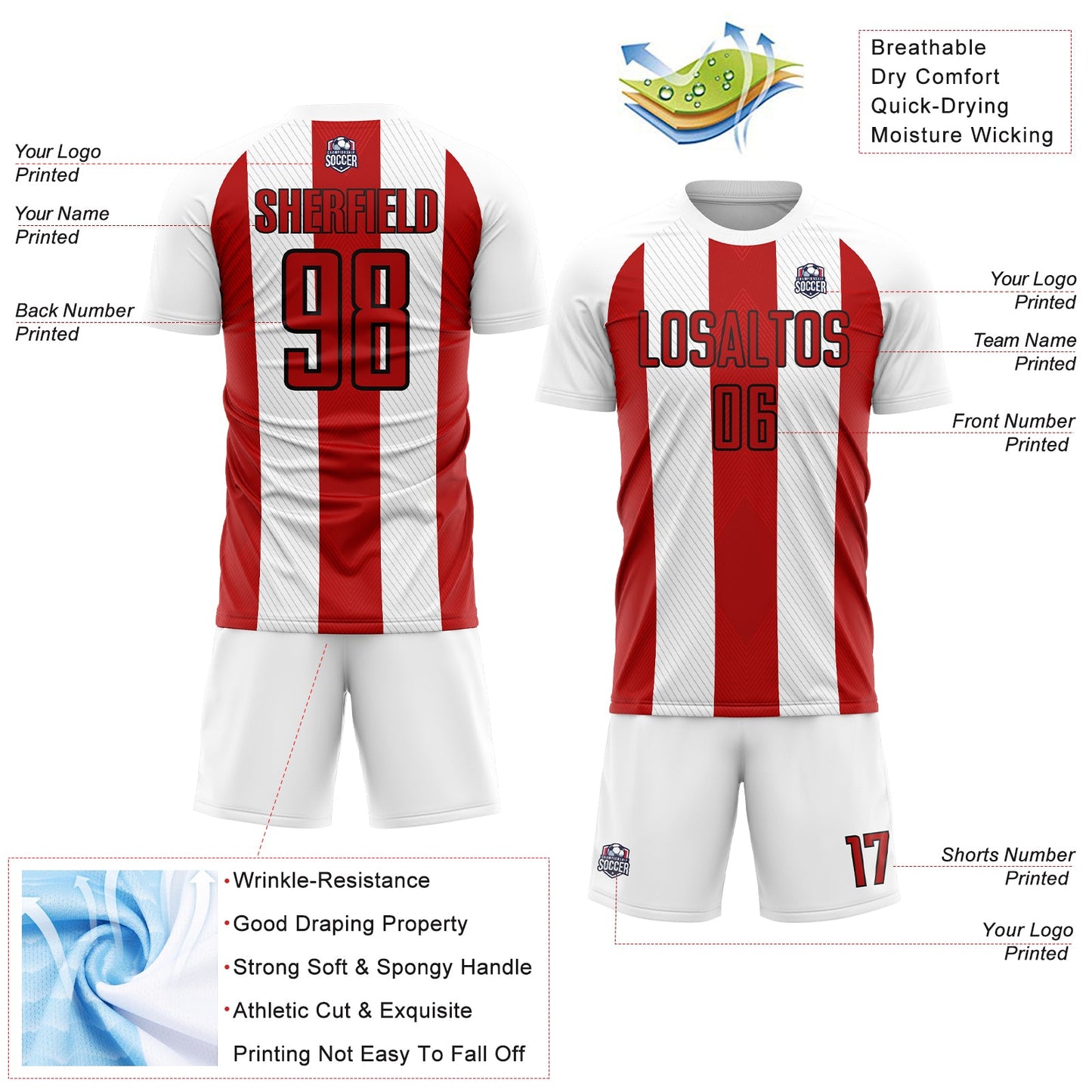 Custom White Red-Black Line Sublimation Soccer Uniform Jersey Limited