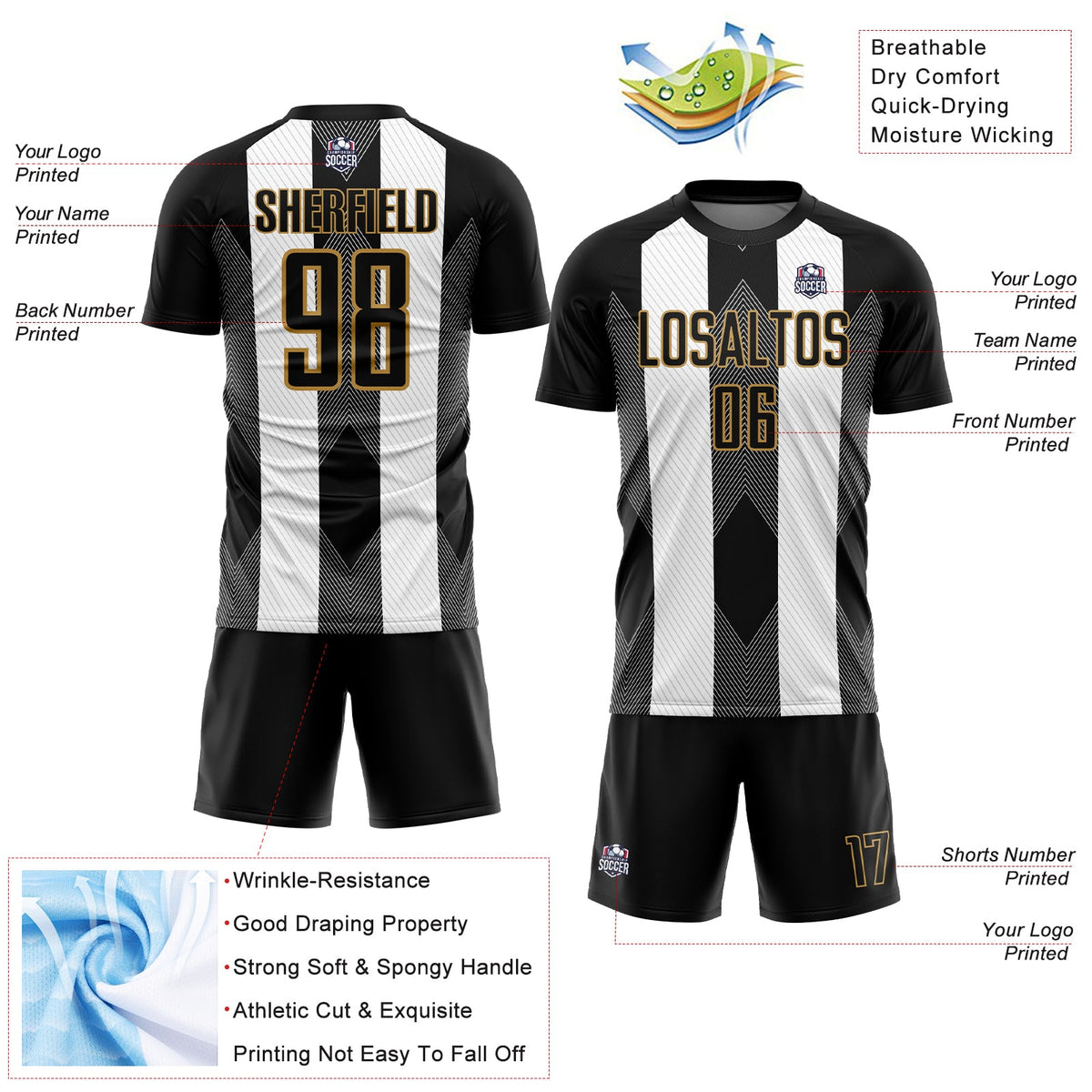 Custom Black Old Gold-White Line Sublimation Soccer Uniform Jersey Limited
