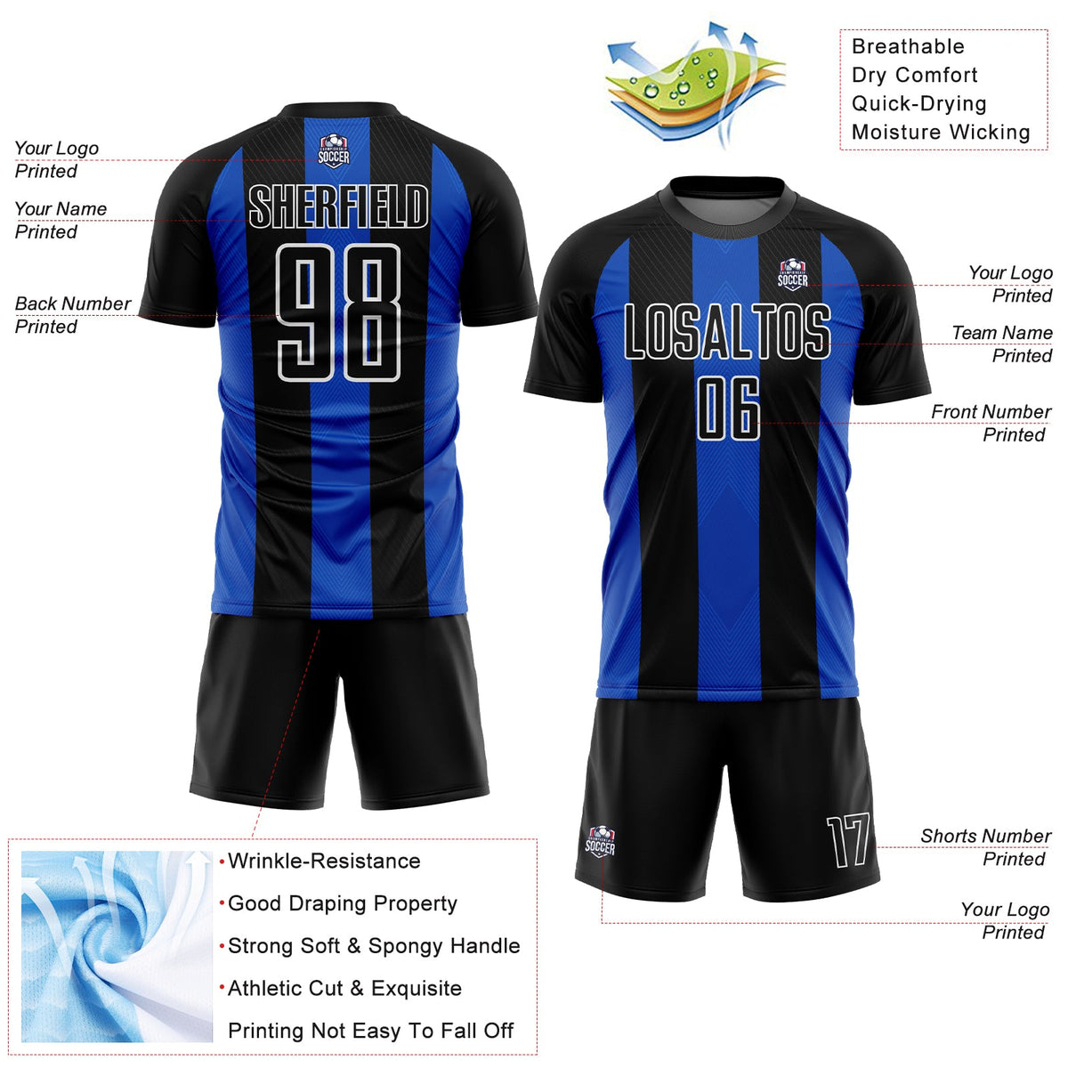 Custom Black Thunder Blue-White Line Sublimation Soccer Uniform Jersey Limited