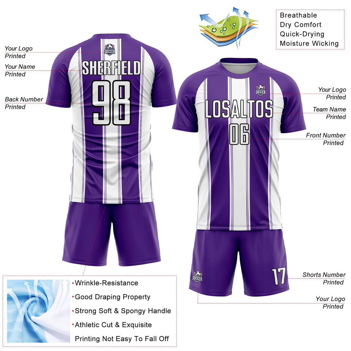 Custom Purple White-Black Line Sublimation Soccer Uniform Jersey Limited