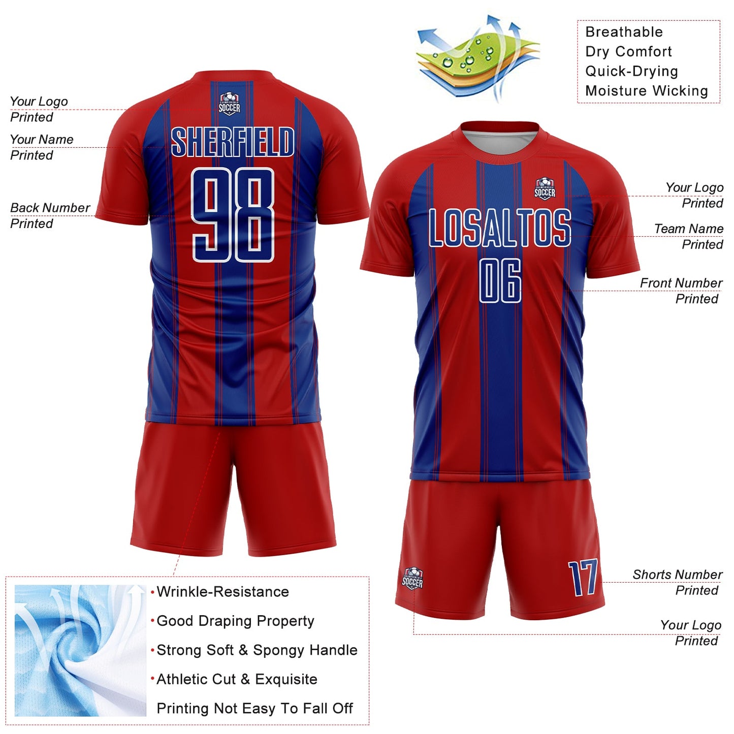 Custom Red Royal-White Line Sublimation Soccer Uniform Jersey Limited