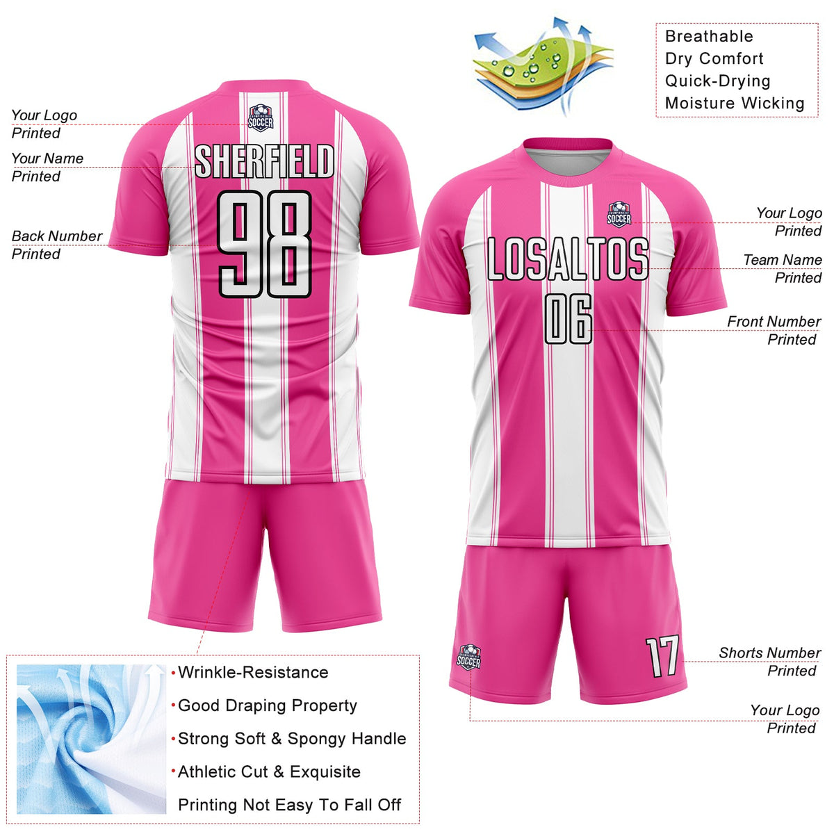 Custom Pink White-Black Line Sublimation Soccer Uniform Jersey Limited