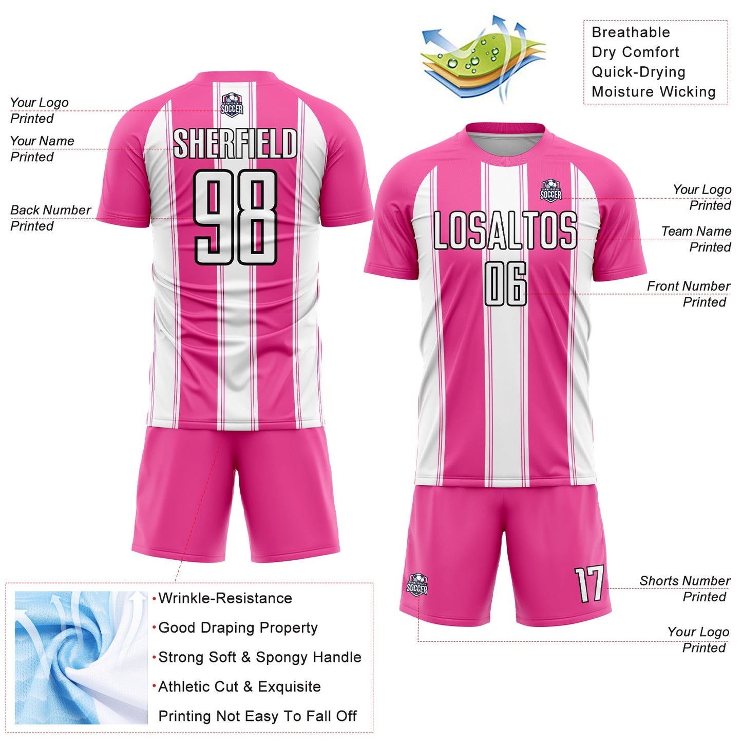 Custom Pink White-Black Line Sublimation Soccer Uniform Jersey Limited