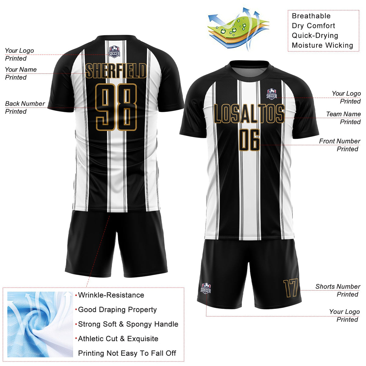 Custom Black White-Old Gold Line Sublimation Soccer Uniform Jersey Limited
