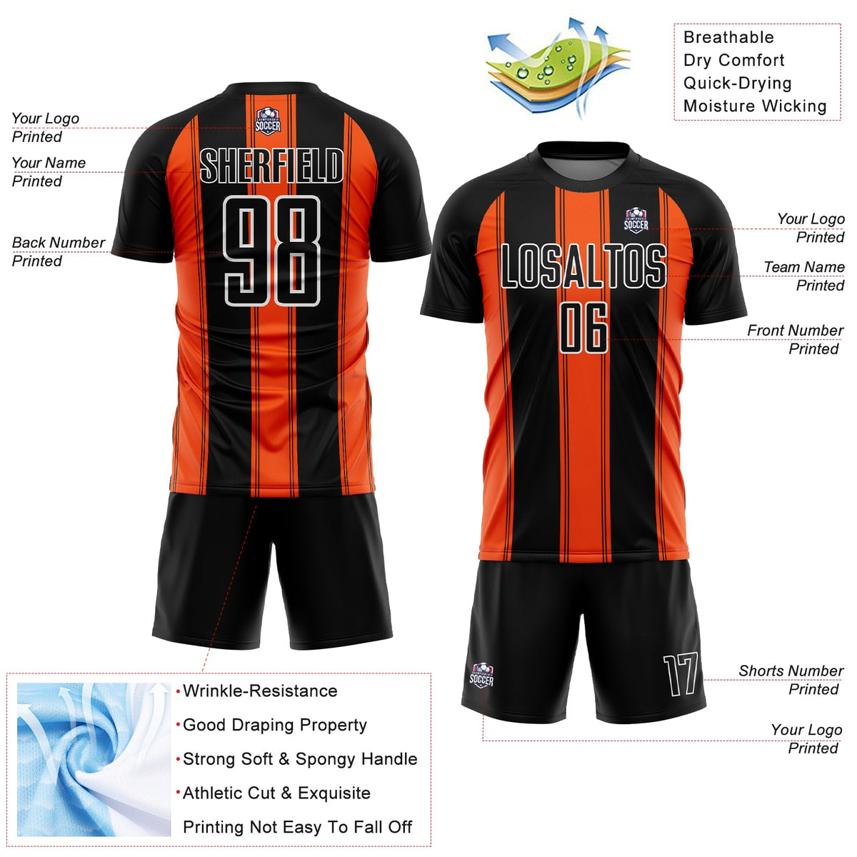 Custom Black Orange-White Line Sublimation Soccer Uniform Jersey Limited