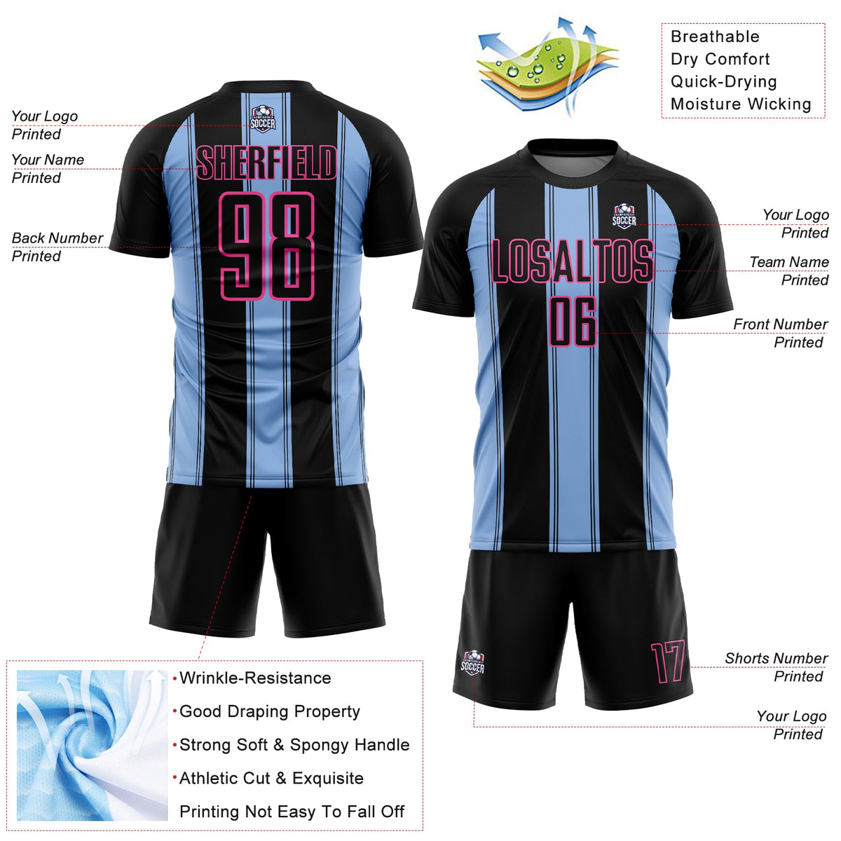 Custom Black Light Blue-Pink Line Sublimation Soccer Uniform Jersey Limited