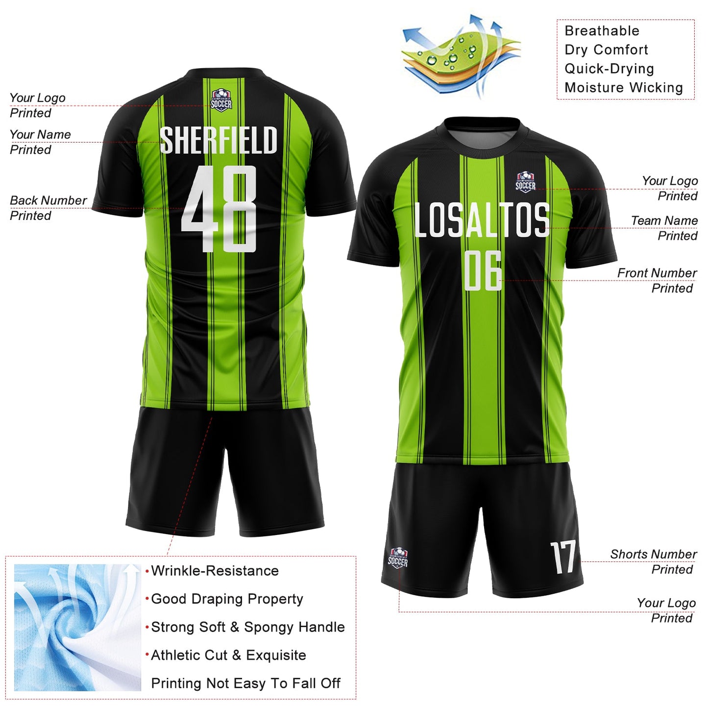Custom Black White-Neon Green Line Sublimation Soccer Uniform Jersey Limited