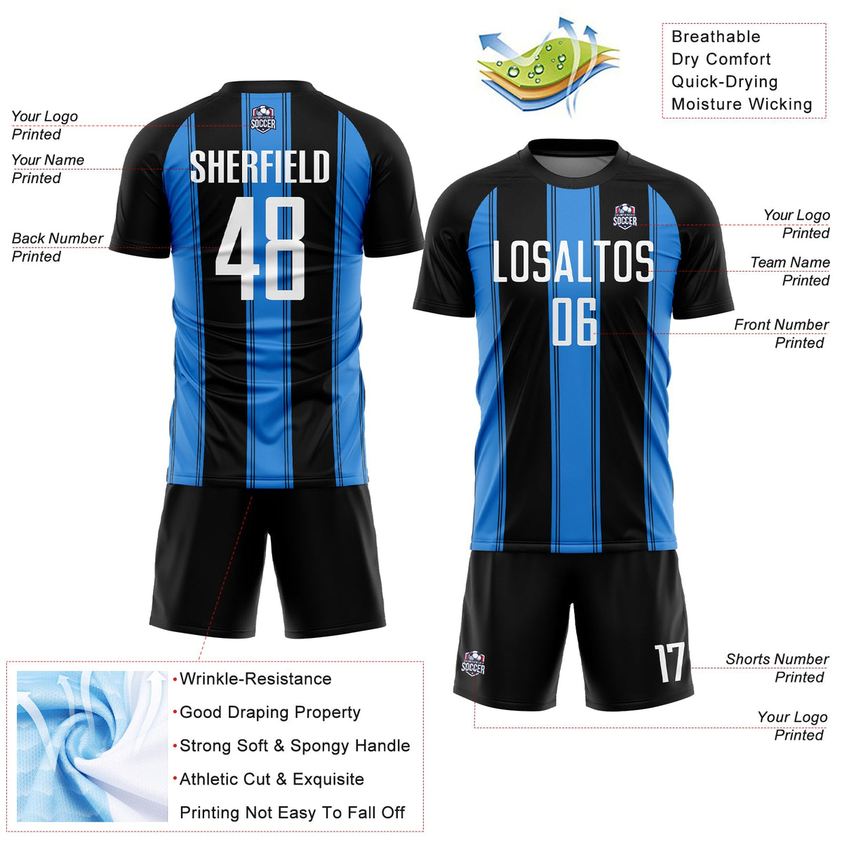 Custom Black White-Powder Blue Line Sublimation Soccer Uniform Jersey Limited