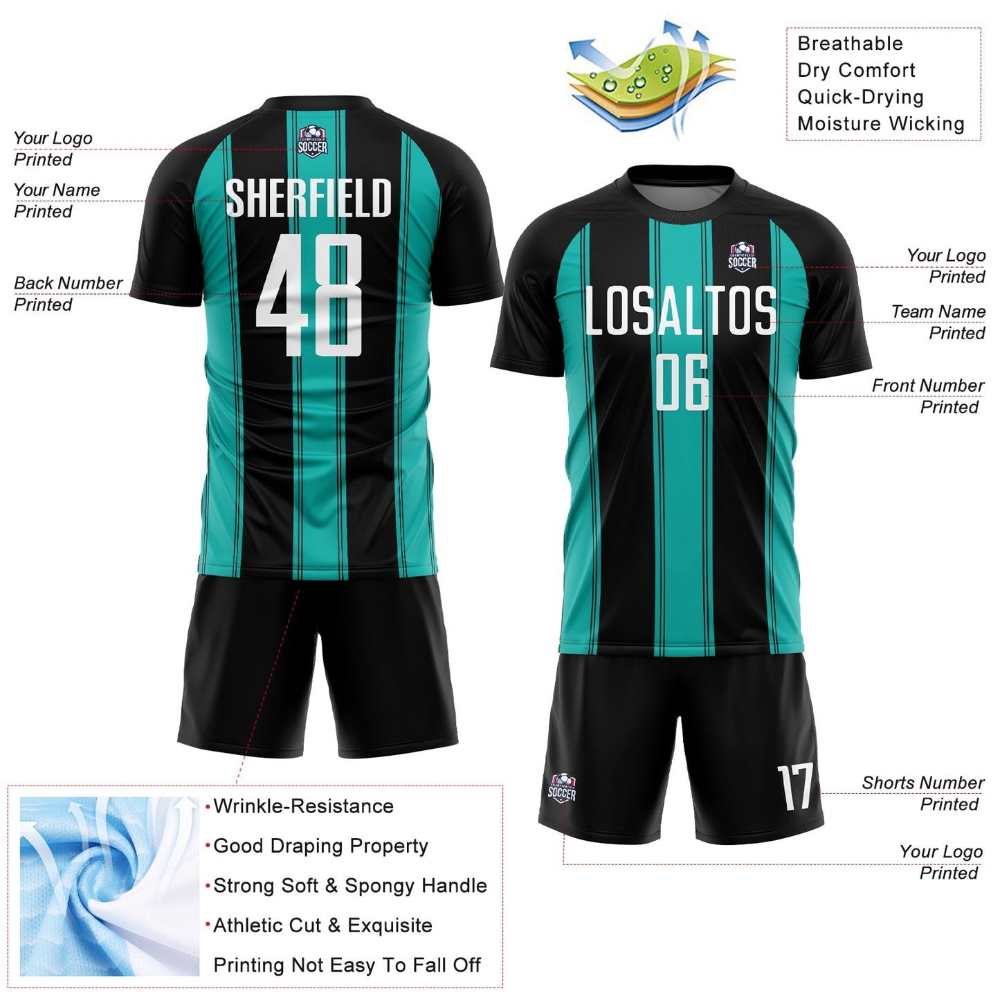 Custom Black White-Aqua Line Sublimation Soccer Uniform Jersey Limited