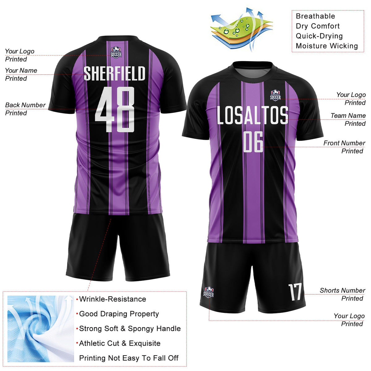 Custom Black White-Medium Purple Line Sublimation Soccer Uniform Jersey Limited