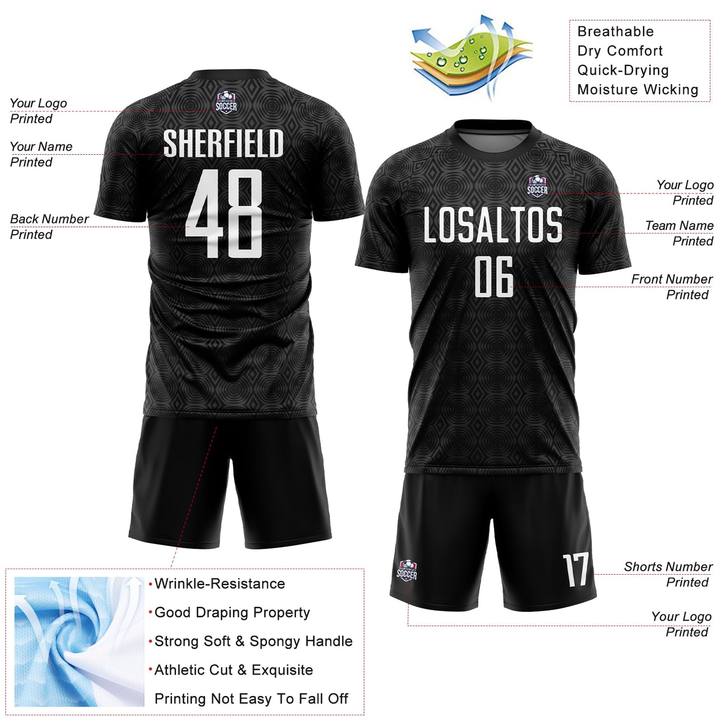 Custom Black White Geometric Shapes Sublimation Soccer Uniform Jersey Limited