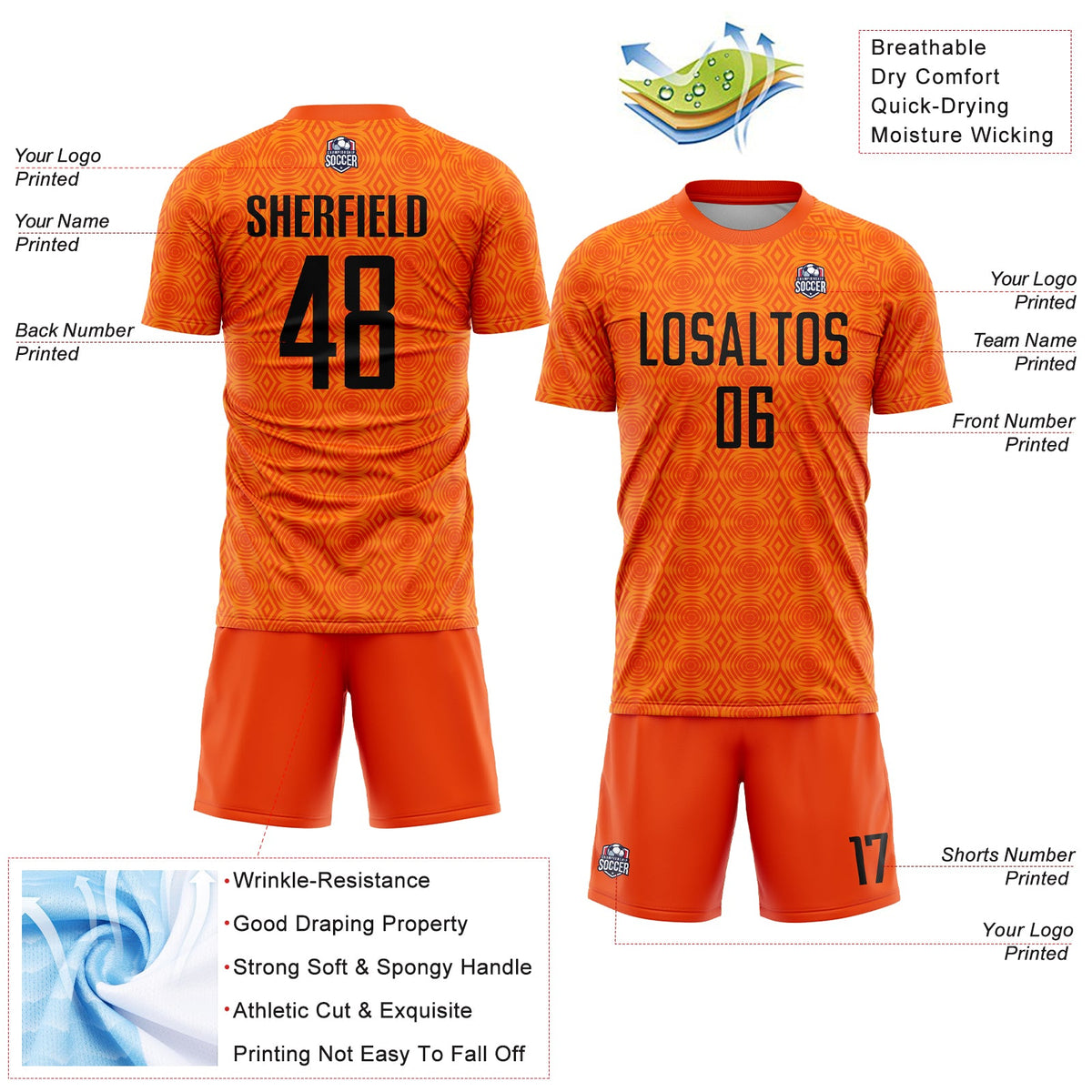 Custom Orange Black-Bay Orange Geometric Shapes Sublimation Soccer Uniform Jersey Limited