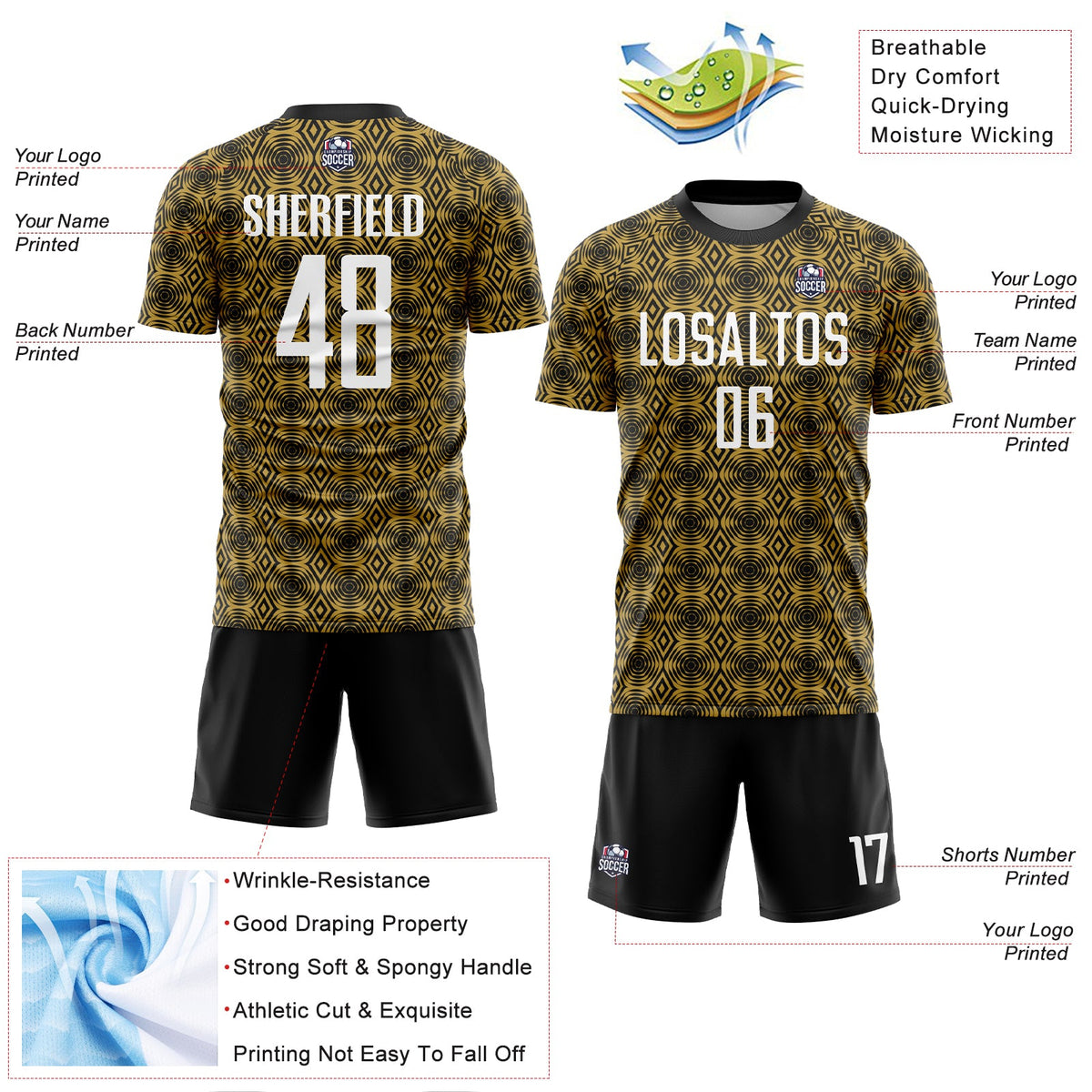 Custom Old Gold White-Black Geometric Shapes Sublimation Soccer Uniform Jersey Limited