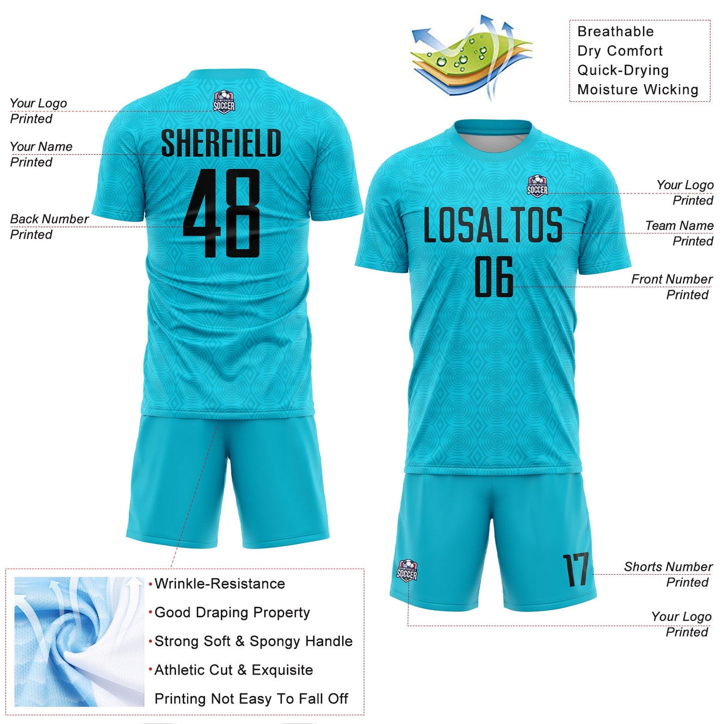 Custom Lakes Blue Black Geometric Shapes Sublimation Soccer Uniform Jersey Limited