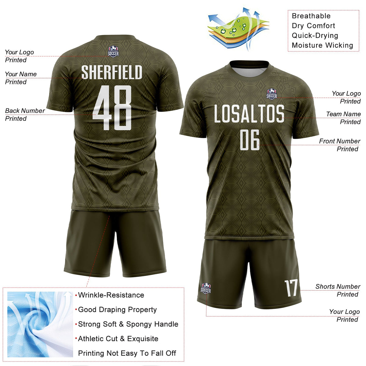 Custom Olive White Geometric Shapes Sublimation Salute To Service Soccer Uniform Jersey Limited