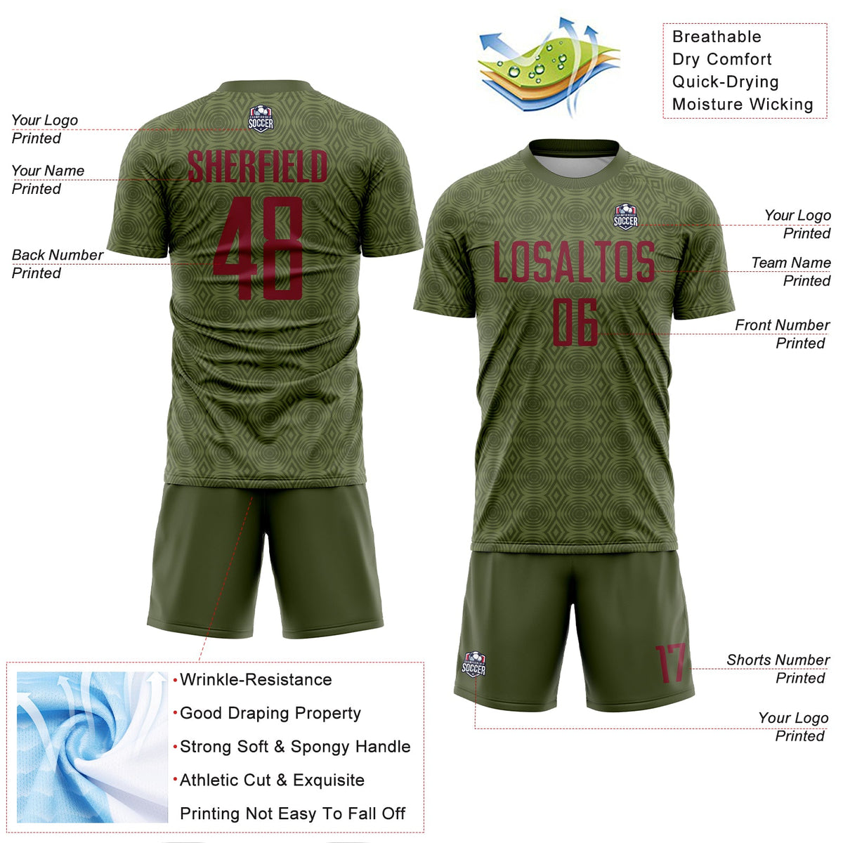 Custom Olive Crimson Geometric Shapes Sublimation Salute To Service Soccer Uniform Jersey Limited