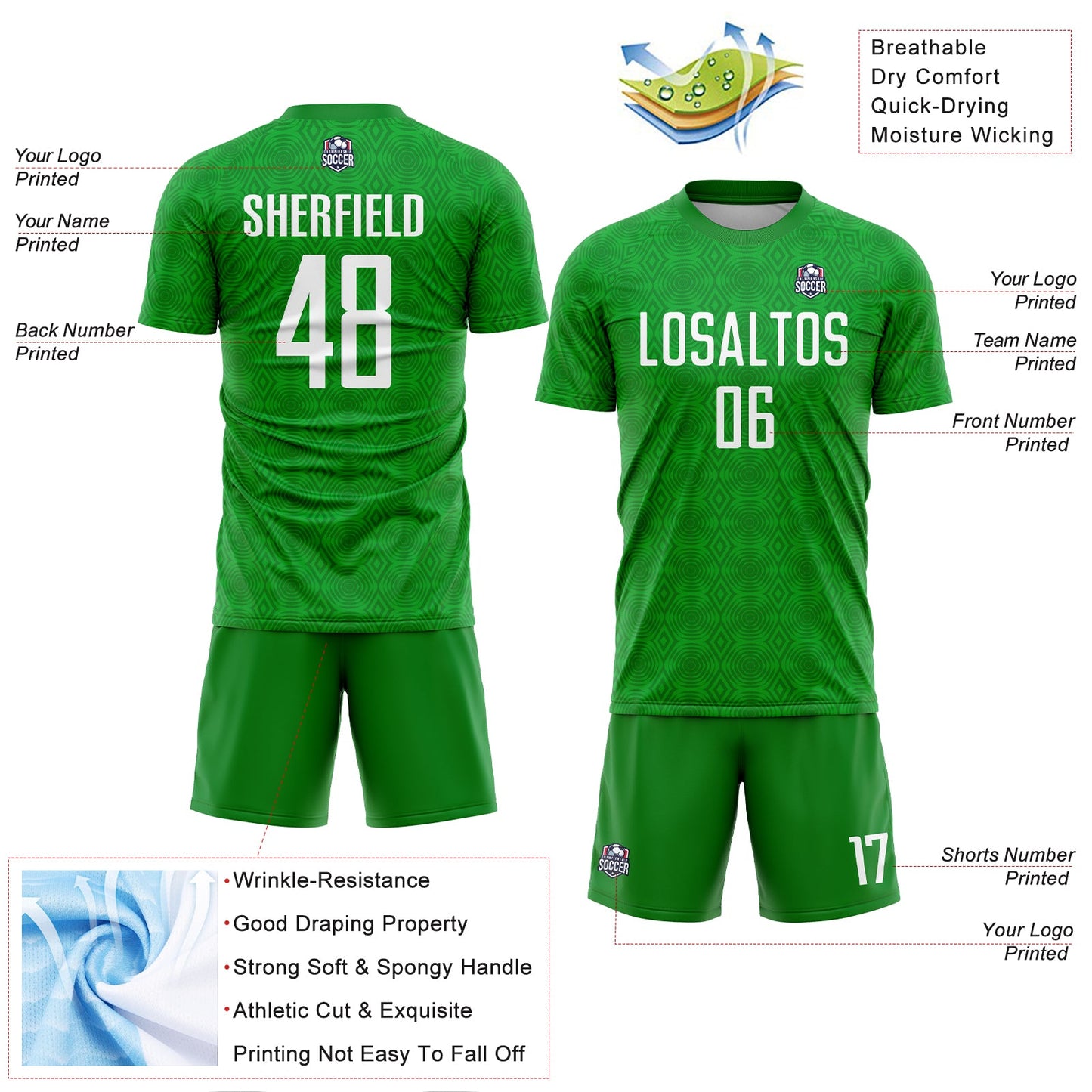 Custom Grass Green White Geometric Shapes Sublimation Soccer Uniform Jersey Limited