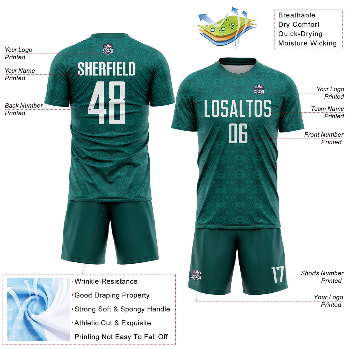 Custom Midnight Green White Geometric Shapes Sublimation Soccer Uniform Jersey Limited