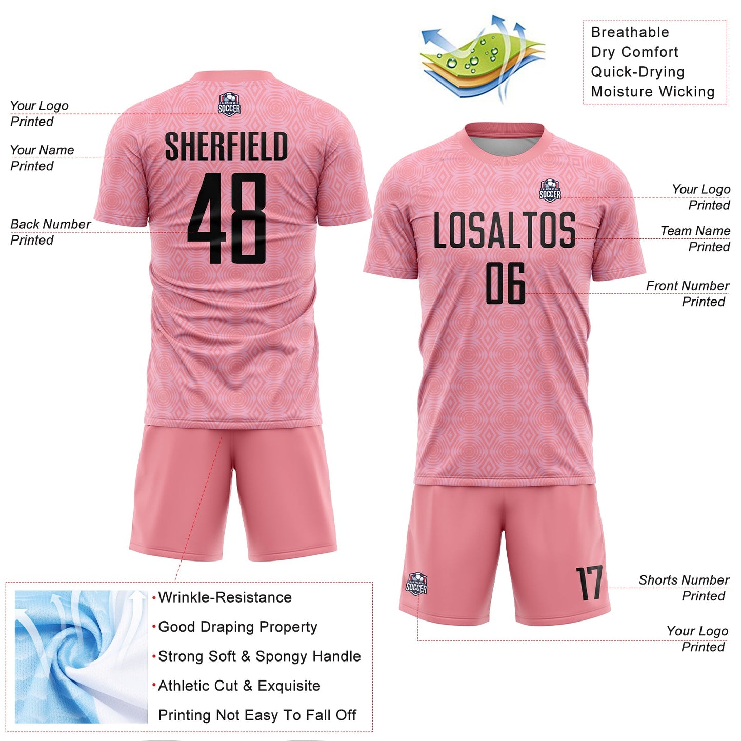 Custom Medium Pink Black-Light Pink Geometric Shapes Sublimation Soccer Uniform Jersey Limited