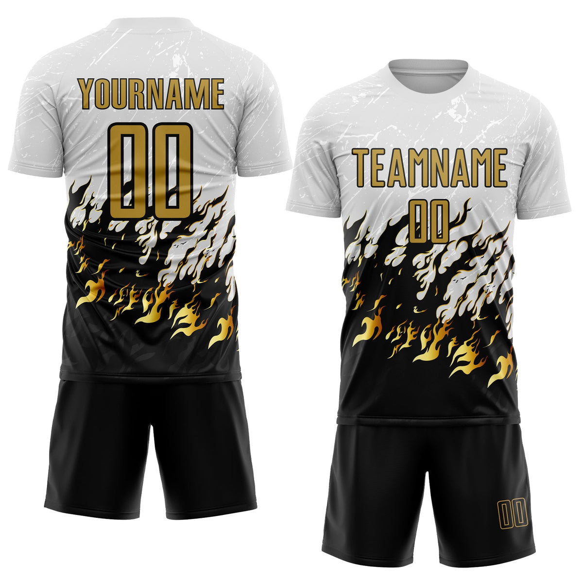 Custom White Old Gold-Black Flame Sublimation Soccer Uniform Jersey Limited