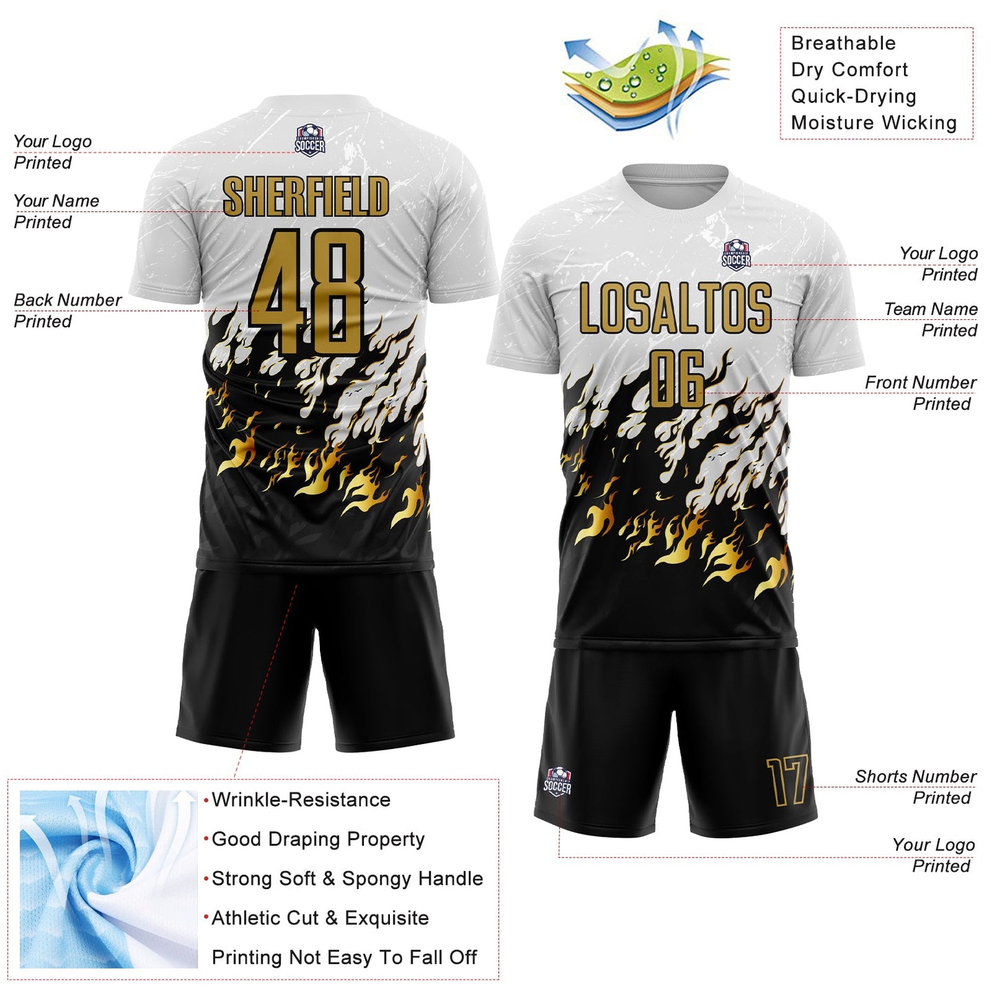 Custom White Old Gold-Black Flame Sublimation Soccer Uniform Jersey Limited