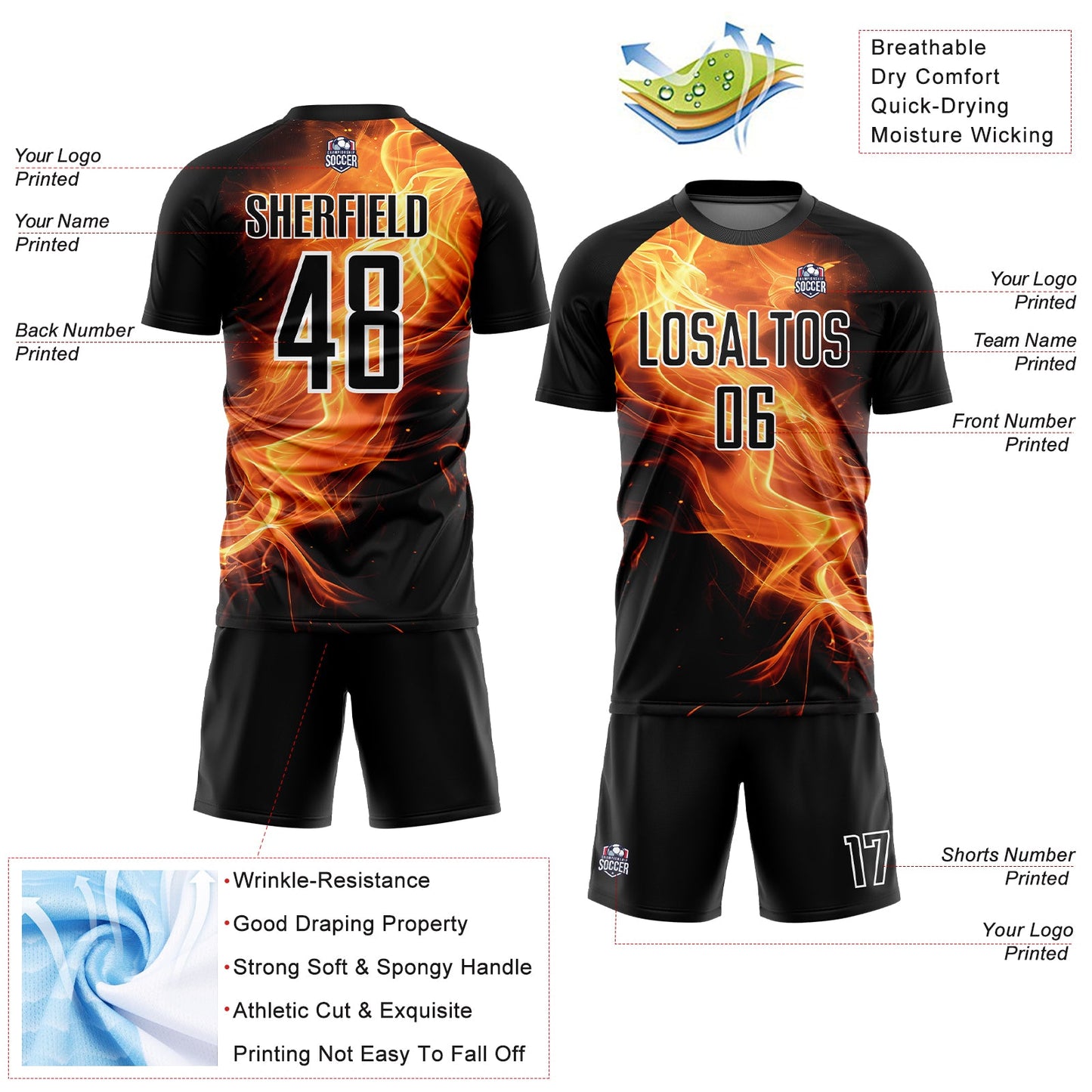 Custom Black Gold-White Flame Sublimation Soccer Uniform Jersey Limited