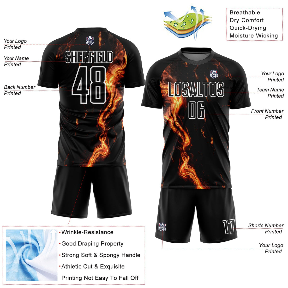 Custom Black Gold-White Flame Sublimation Soccer Uniform Jersey Limited