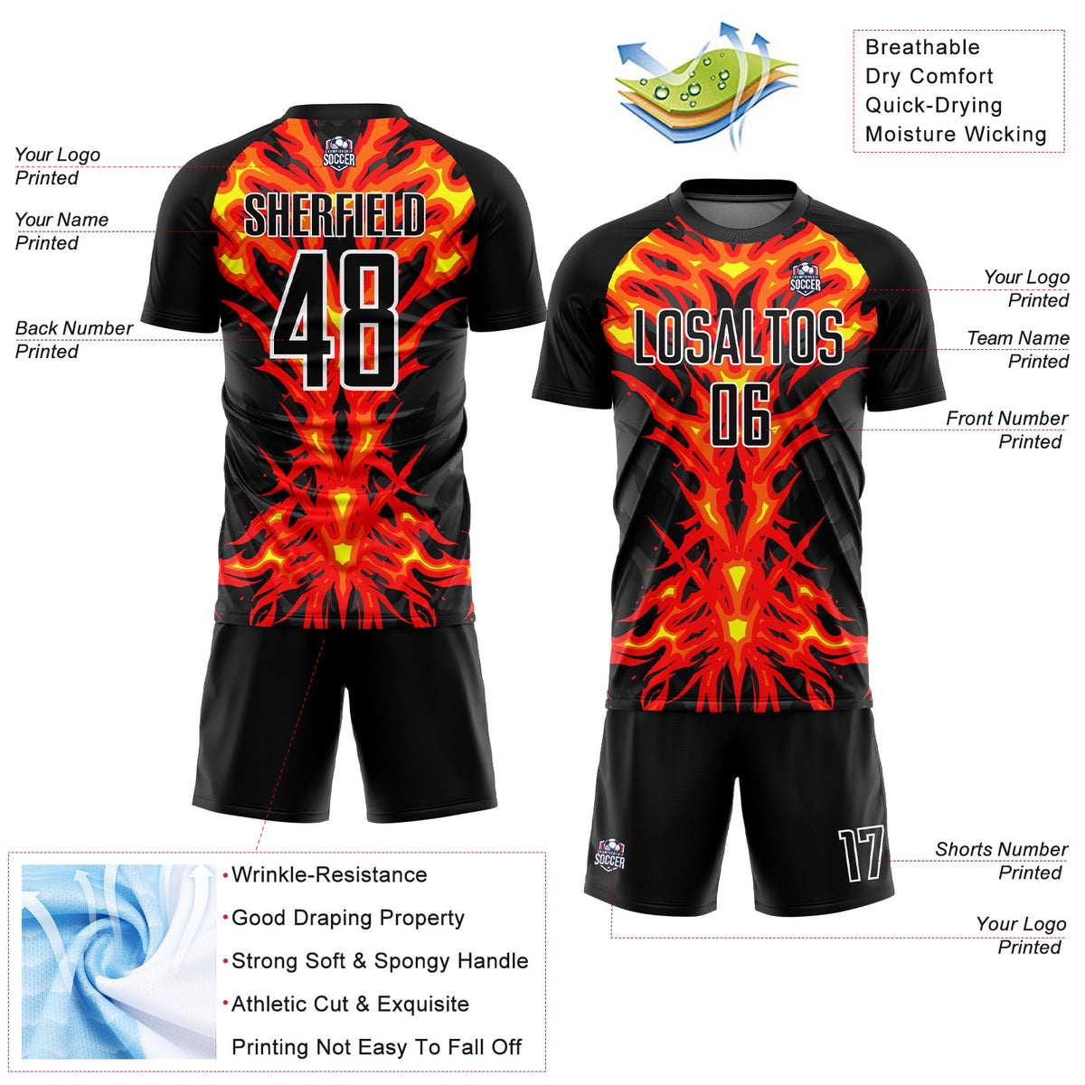 Custom Black Red-White Flame Sublimation Soccer Uniform Jersey Limited
