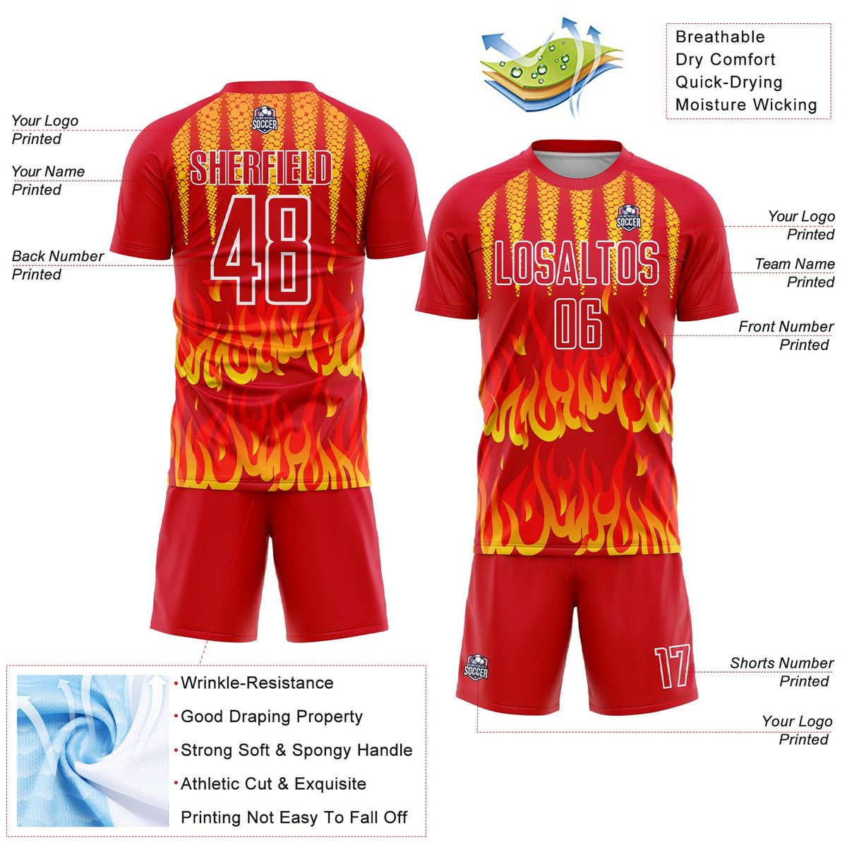 Custom Red Yellow-White Flame Sublimation Soccer Uniform Jersey Limited