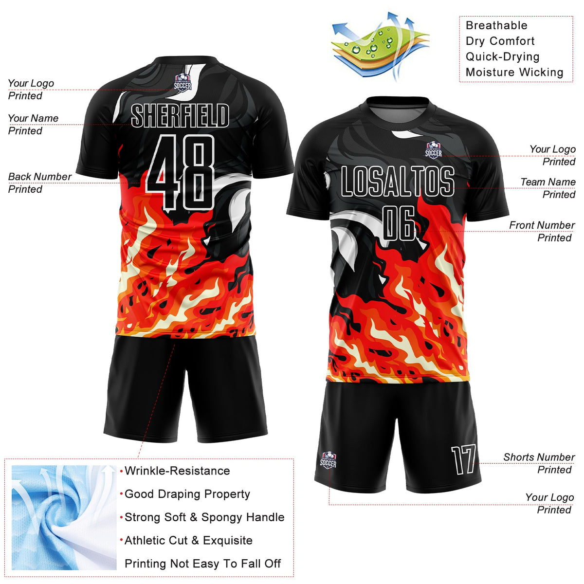 Custom Black Red-Orange Flame Sublimation Soccer Uniform Jersey Limited