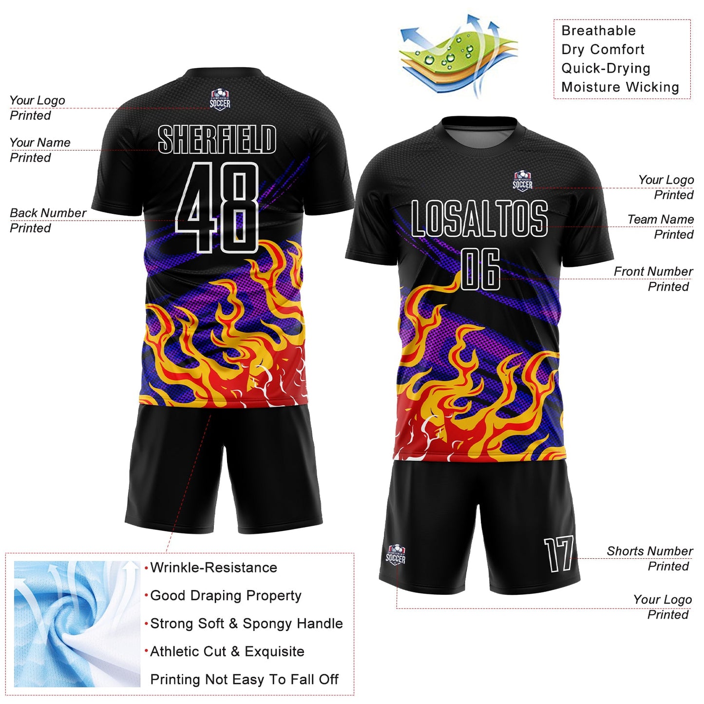 Custom Black Red-Purple Flame Sublimation Soccer Uniform Jersey Limited