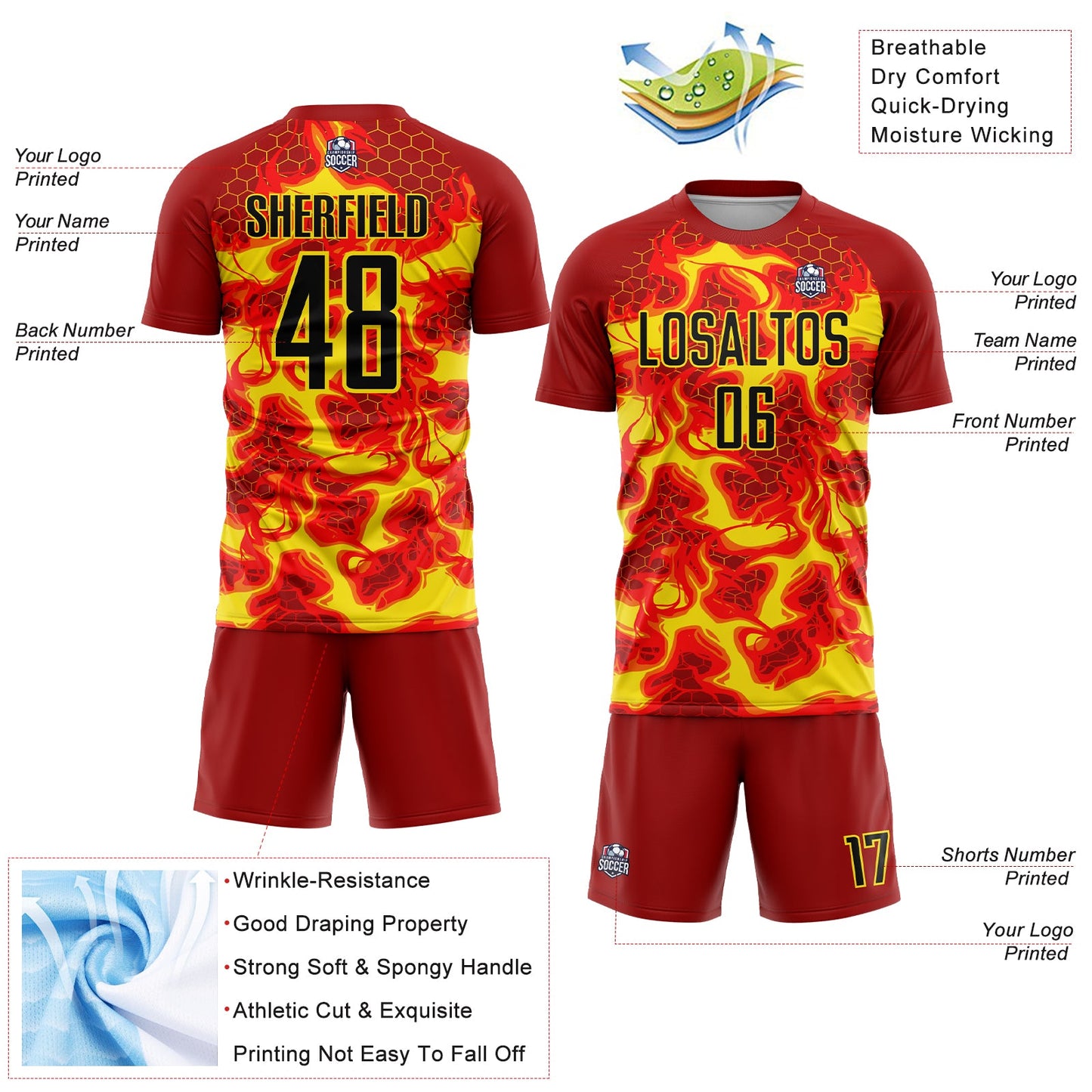 Custom Red Black-Light Yellow Flame Sublimation Soccer Uniform Jersey Limited