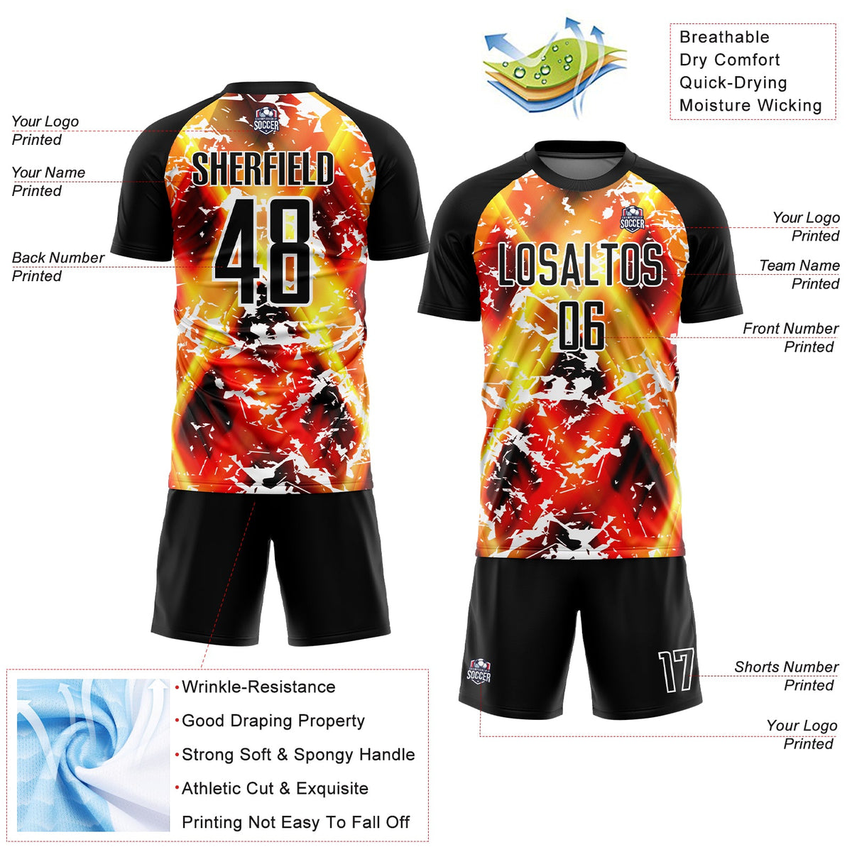 Custom Black Yellow-Red Flame Sublimation Soccer Uniform Jersey Limited