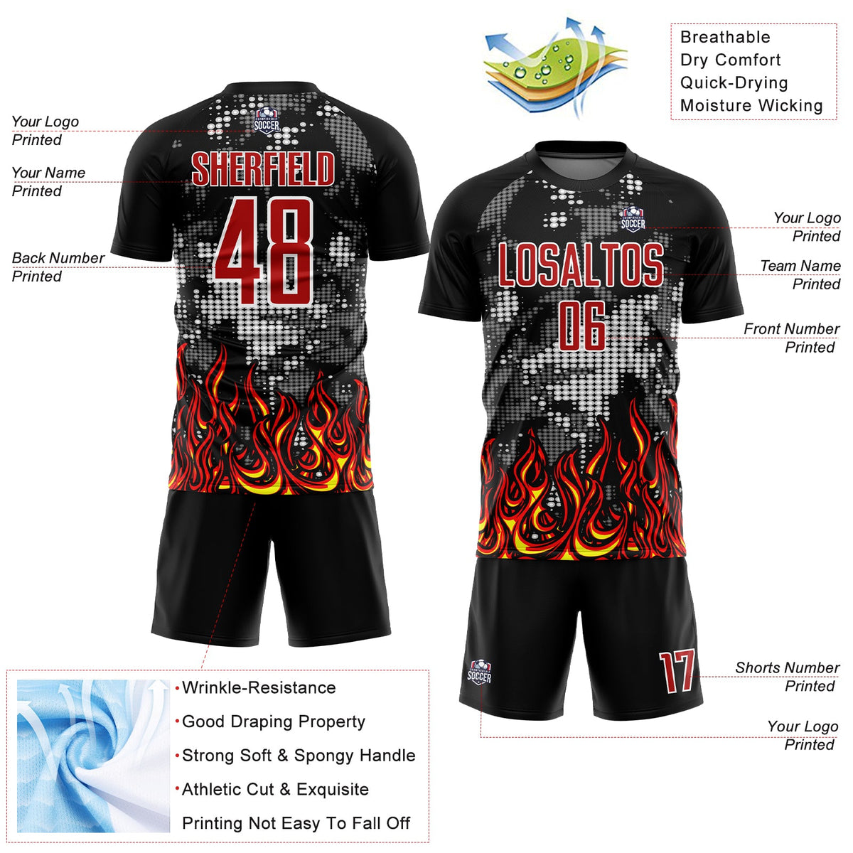 Custom Black Red Gold-Gray Flame Sublimation Soccer Uniform Jersey Limited