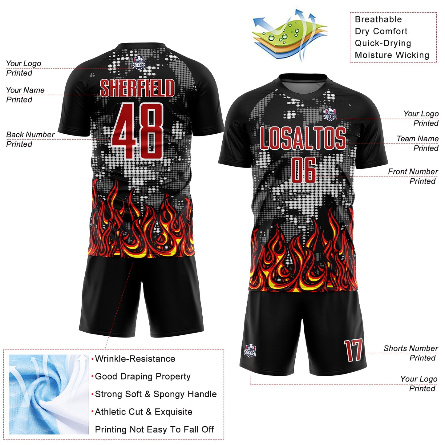 Custom Black Red Gold-Gray Flame Sublimation Soccer Uniform Jersey Limited