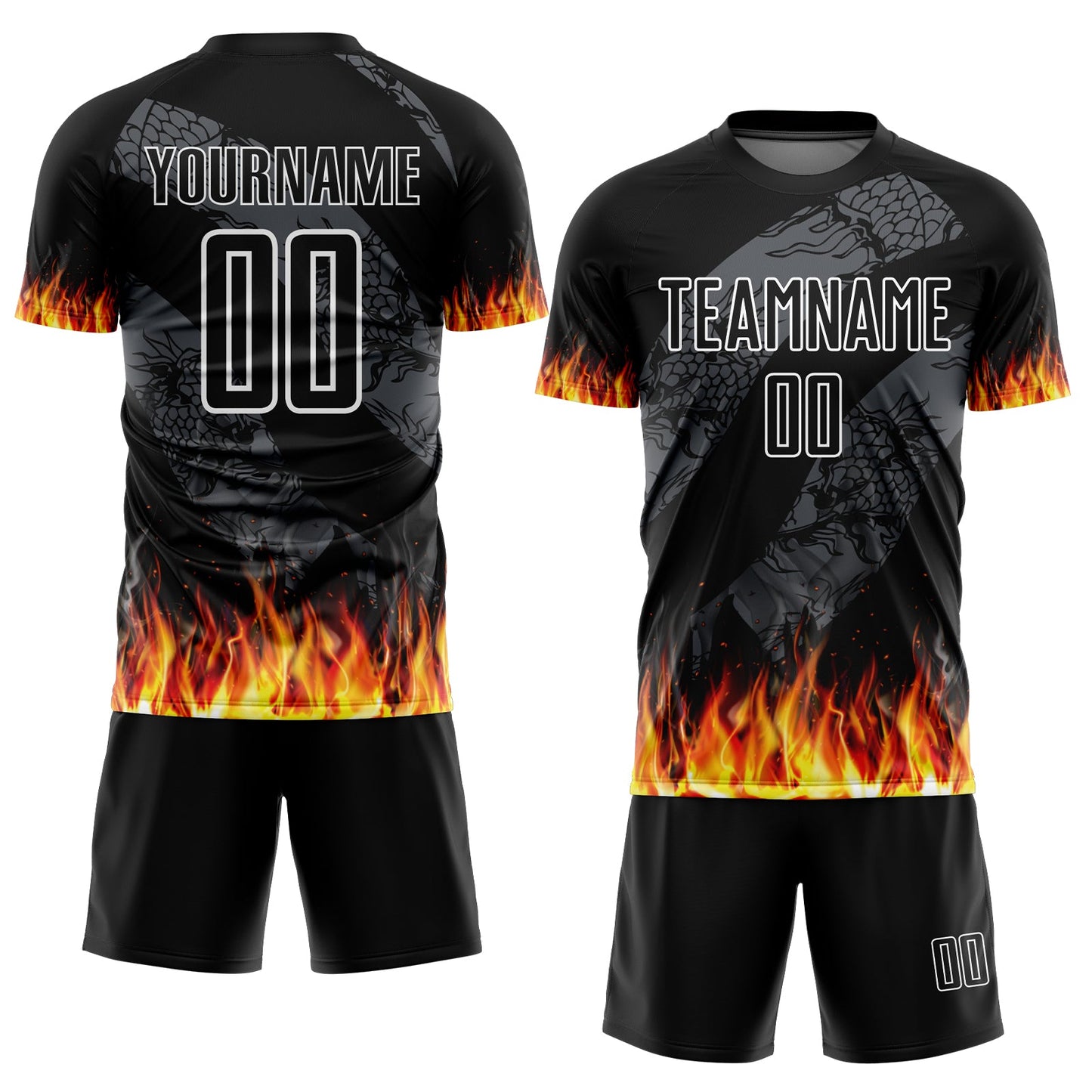 Custom Black Red-Gold Flame Sublimation Soccer Uniform Jersey Limited